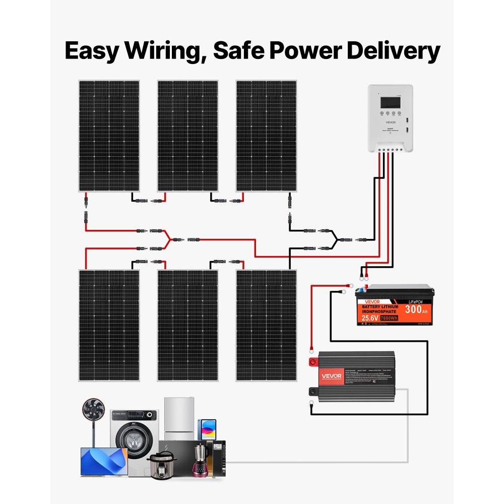 VEVOR 1200W 24V Complete Solar Power Kit, 6*200W Monocrystalline Panels + 25.6V 300Ah LiFePO₄ Battery + 60A MPPT Charge Controller + 3KW Power Inverter, High Output Solar Kit for Large House Shed Farm