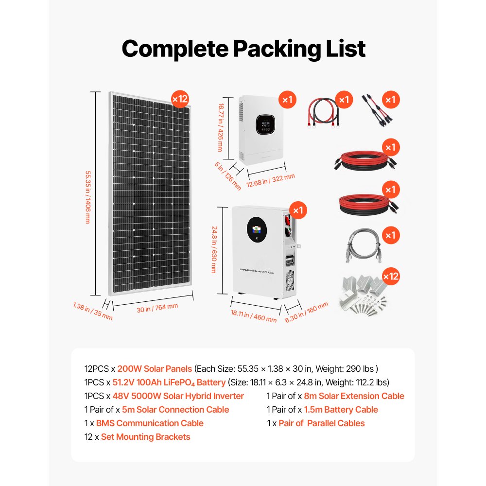 VEVOR 2400W 48V Complete Solar Power Kit, 12PCS 200W Monocrystalline Solar Panels + 51.2V 100Ah LiFePO₄ Battery + 48V 5000W Hybrid Inverter, High Output Off-Grid Solar Kit for Large House Shed Farm