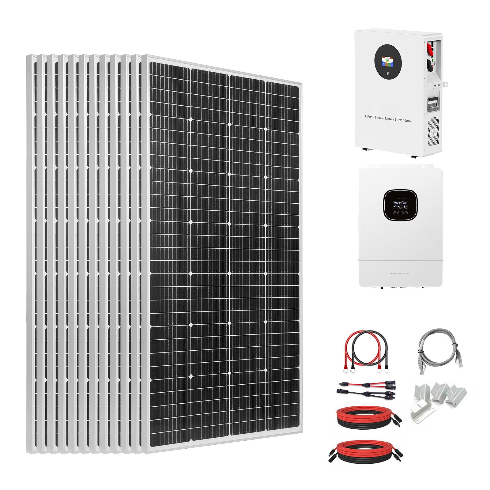 VEVOR 2400W 48V Complete Solar Power Kit, 12PCS 200W Monocrystalline Solar Panels + 51.2V 100Ah LiFePO₄ Battery + 48V 5000W Hybrid Inverter, High Output Off-Grid Solar Kit for Large House Shed Farm