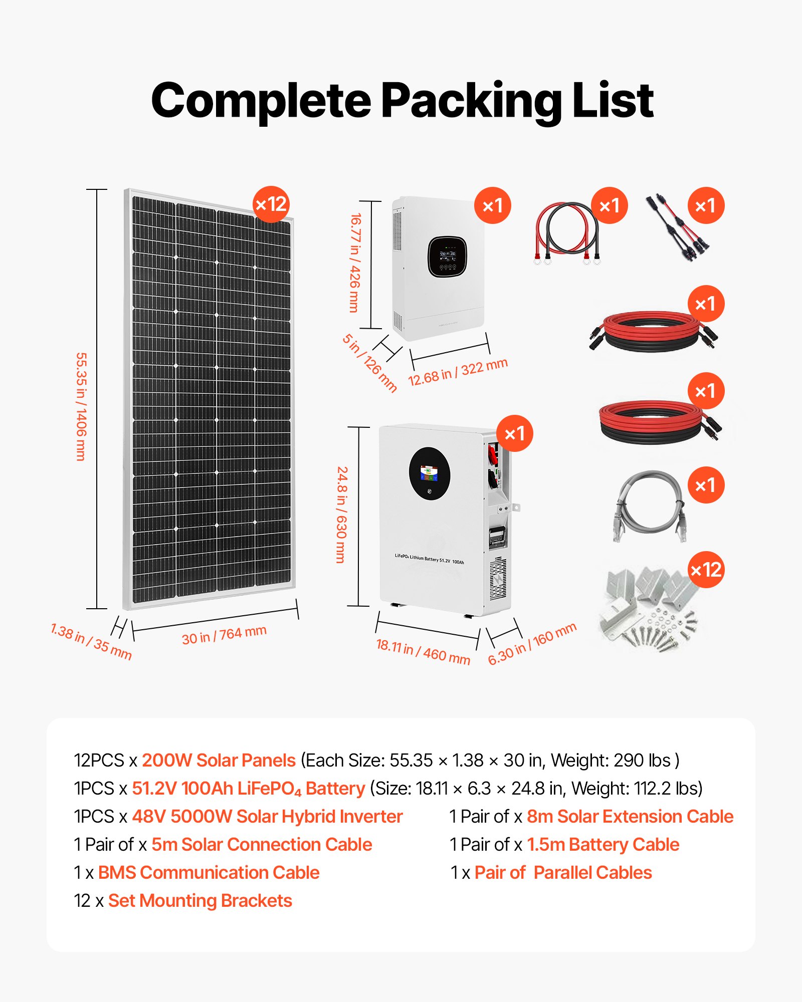 VEVOR 2400W 48V Complete Solar Power Kit, 12PCS 200W Monocrystalline Solar Panels + 51.2V 100Ah LiFePO₄ Battery + 48V 5000W Hybrid Inverter, High Output Off-Grid Solar Kit for Large House Shed Farm