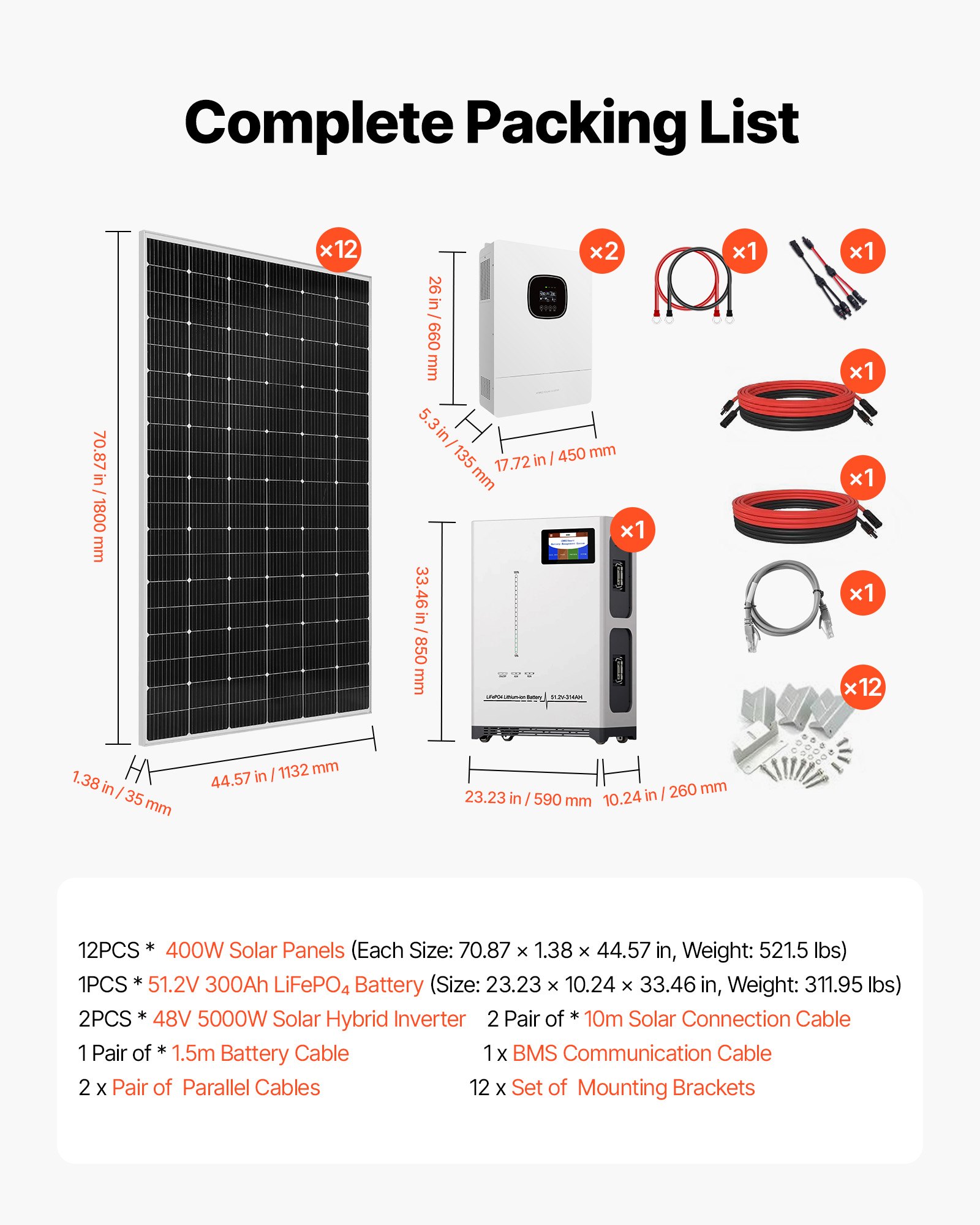 VEVOR 4800W 48V Complete Solar Power Kit, 12*400W Monocrystalline Solar Panels + 51.2V 300Ah LiFePO₄ Battery + 2PCS 5000W Hybrid Inverter, High Output Off-Grid Solar Kit for Large House Shed Farm