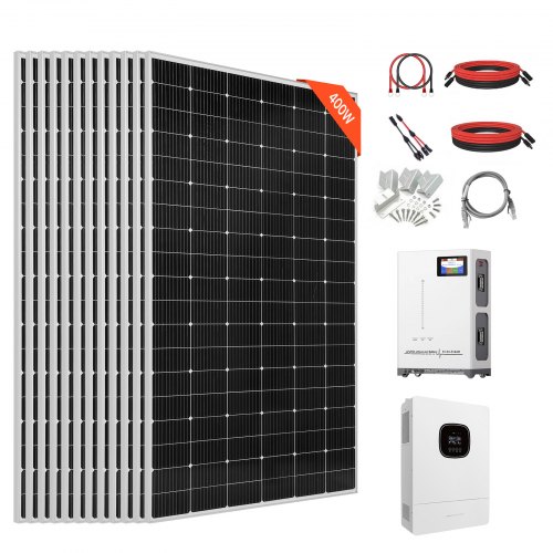 VEVOR 4800W 48V Complete Solar Power Kit, 12*400W Monocrystalline Solar Panels + 51.2V 300Ah LiFePO₄ Battery + 48V 10KW Hybrid Inverter, Super High Output Off-Grid Solar Kit for Large House Shed Farm