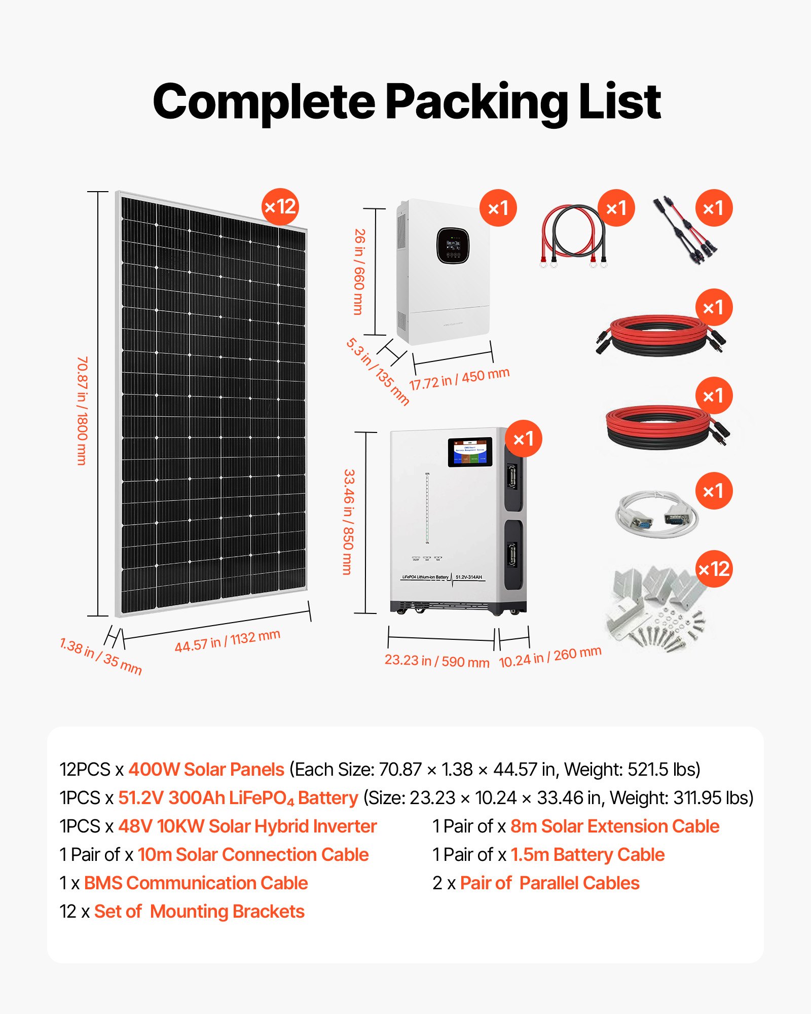 VEVOR 4800W 48V Complete Solar Power Kit, 12*400W Monocrystalline Solar Panels + 51.2V 300Ah LiFePO₄ Battery + 48V 10KW Hybrid Inverter, Super High Output Off-Grid Solar Kit for Large House Shed Farm