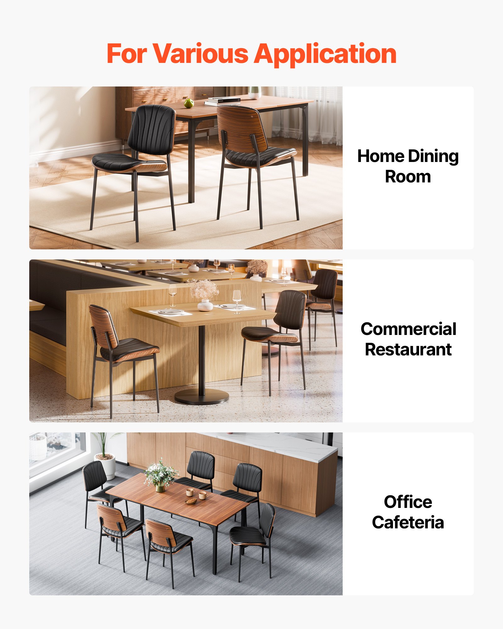 VEVOR Modern Dining Room Accent Chairs Set of 4, Upholstered Leather Side Chair for Dining Tables, Space-Saving Kitchen Table Chair with Thick Cushions and Metal Legs, Black