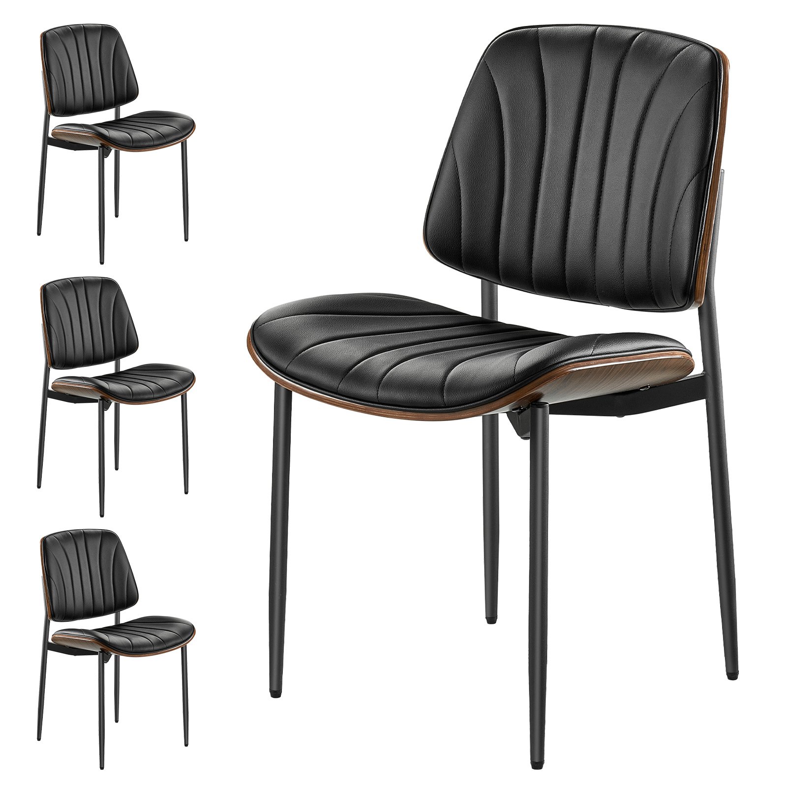 VEVOR Modern Dining Room Accent Chairs Set of 4, Upholstered Leather Side Chair for Dining Tables, Space-Saving Kitchen Table Chair with Thick Cushions and Metal Legs, Black