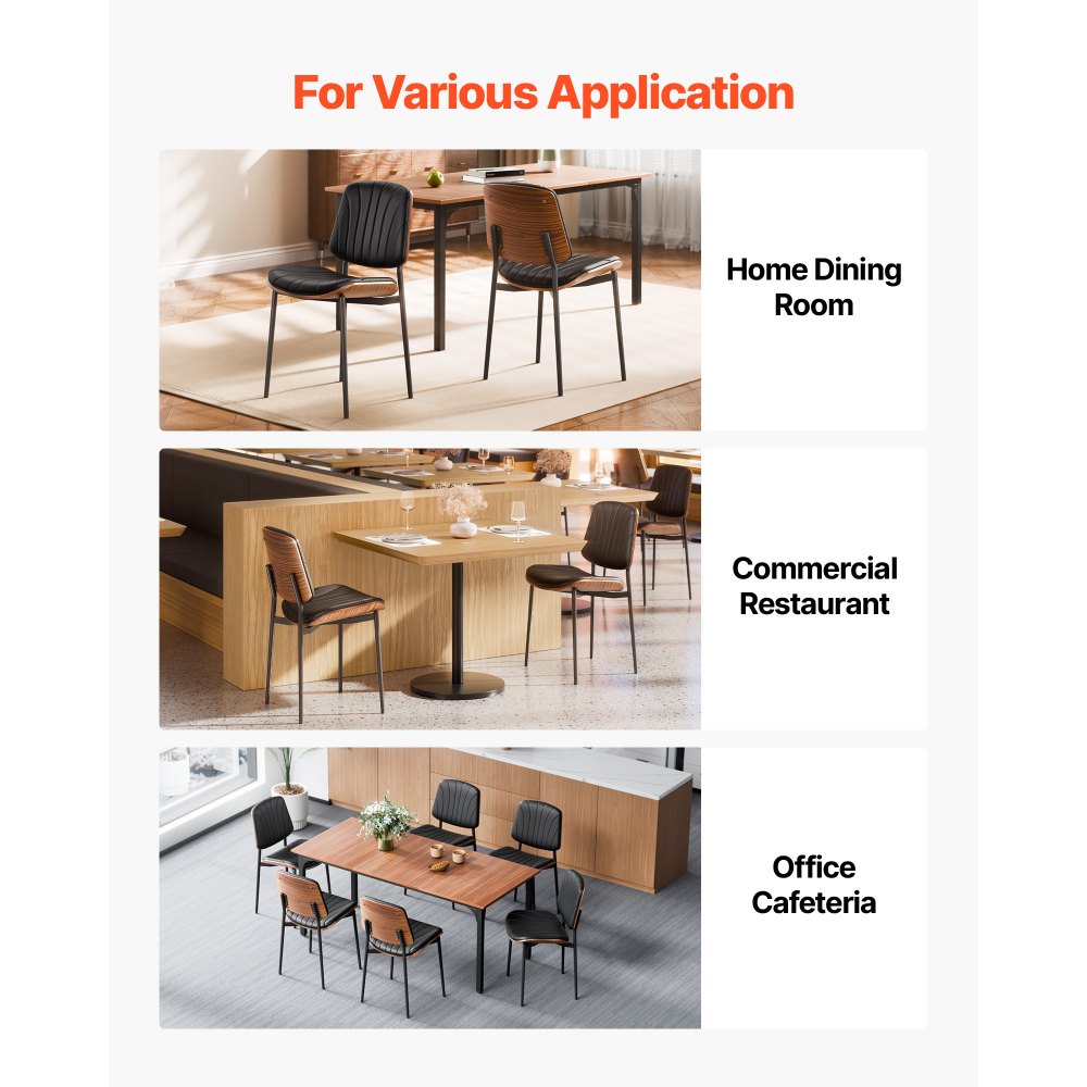 VEVOR Modern Dining Room Accent Chairs Set of 6, Upholstered Leather Side Chair for Dining Tables, Space-Saving Kitchen Table Chair with Thick Cushions and Metal Legs, Black
