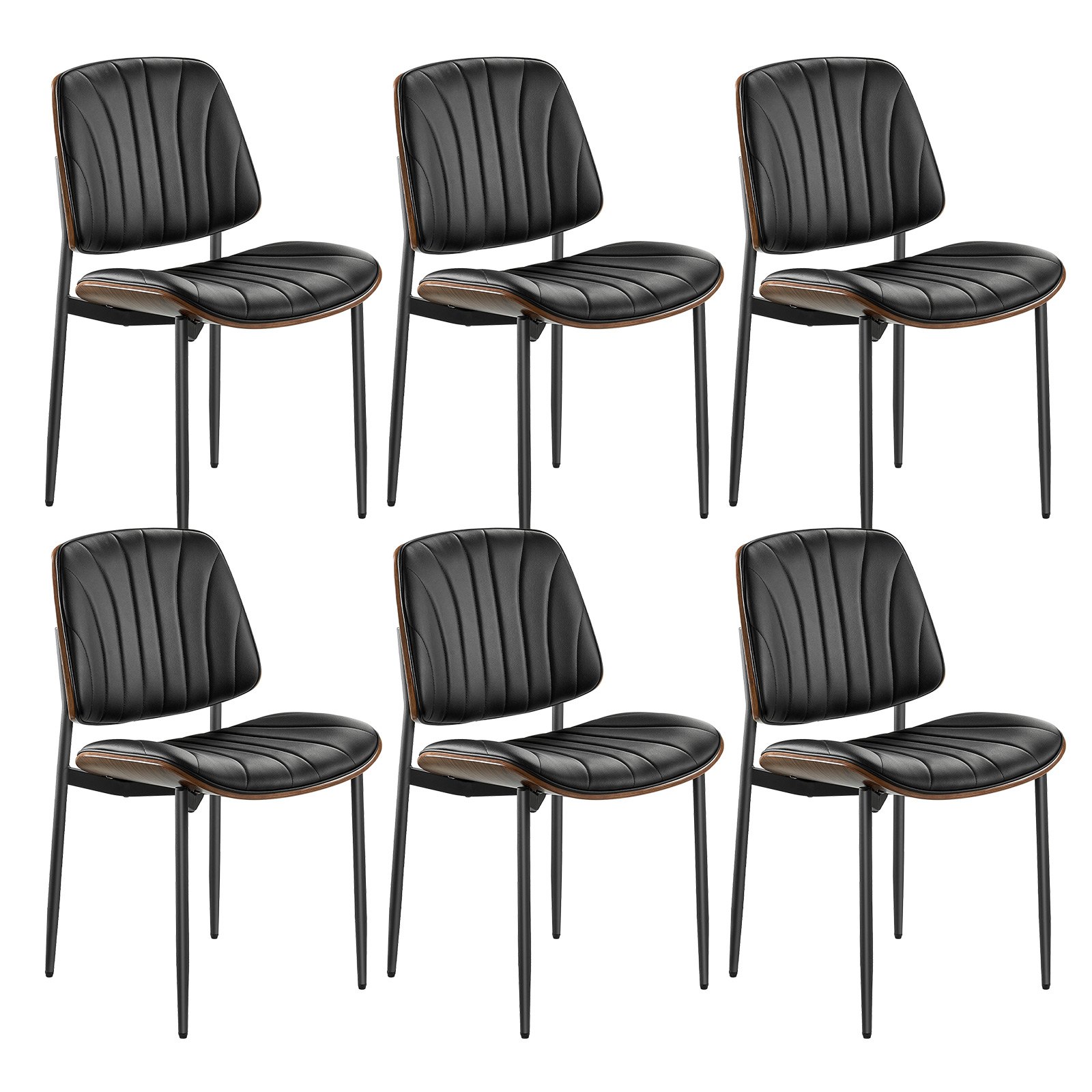 VEVOR Modern Dining Room Accent Chairs Set of 6, Upholstered Leather Side Chair for Dining Tables, Space-Saving Kitchen Table Chair with Thick Cushions and Metal Legs, Black