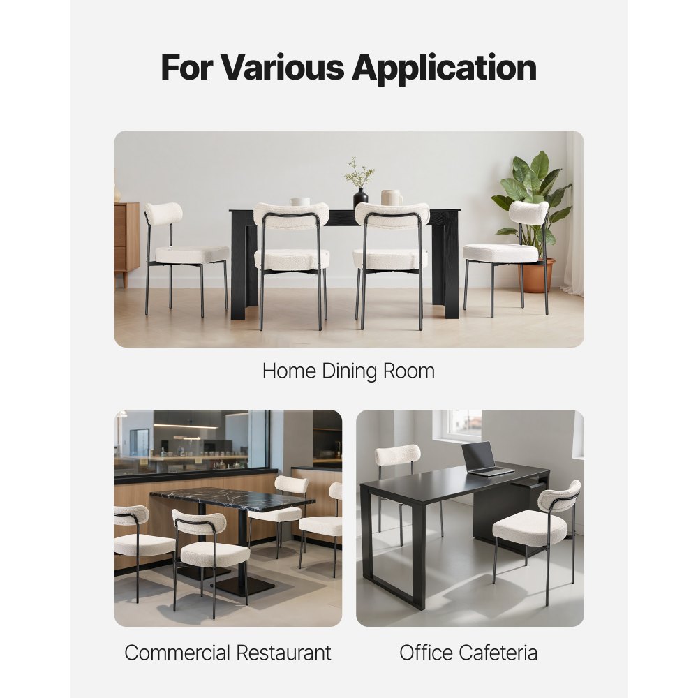 VEVOR Boucle Dining Chairs Set of 6, Mid Century Modern Sherpa Accent Chairs, Upholstered Side Chair for Dining Table, Space-Saving White Kitchen Table Chair with Curved Backrest and Black Metal Legs