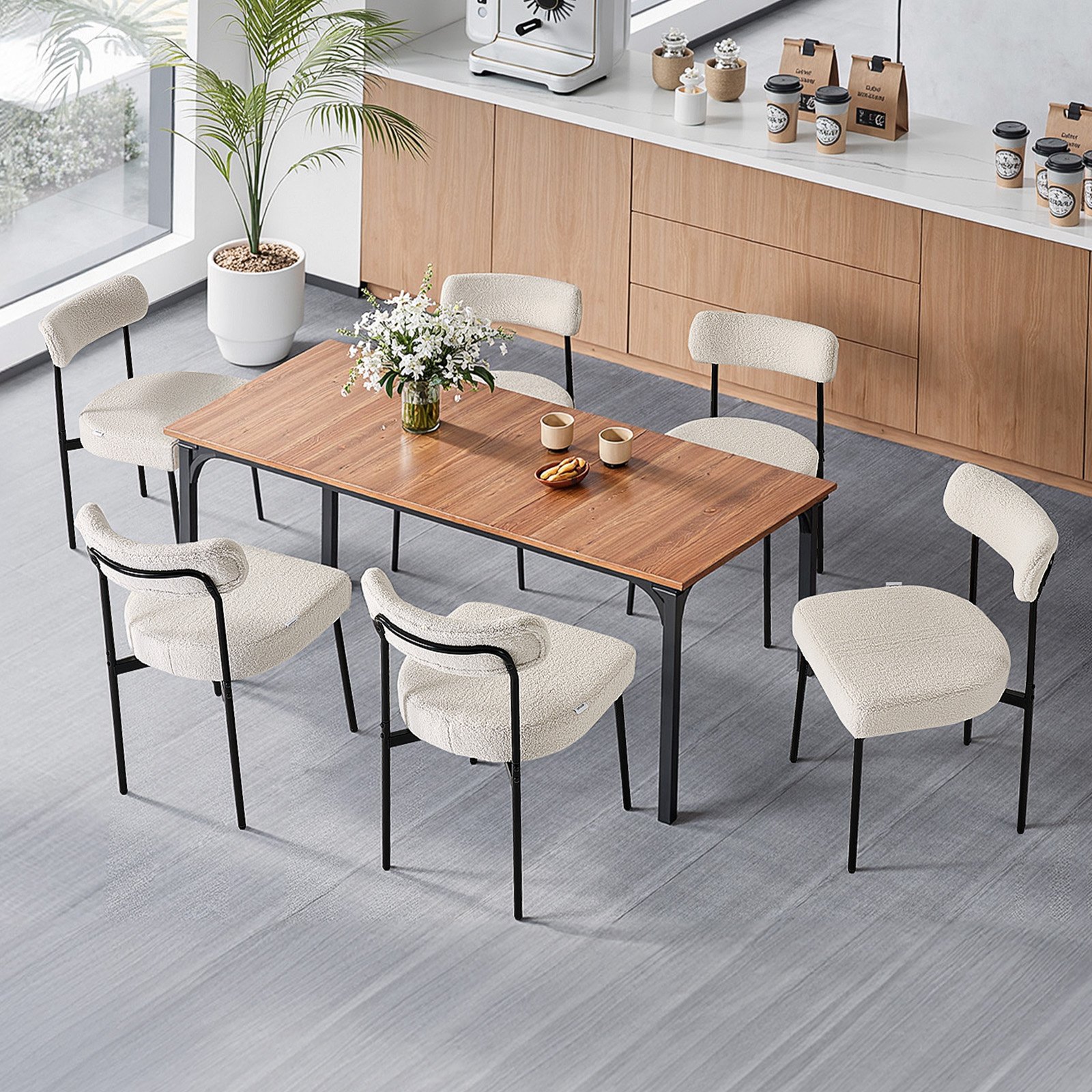 VEVOR Boucle Dining Chairs Set of 6, Mid Century Modern Sherpa Accent Chairs, Upholstered Side Chair for Dining Table, Space-Saving White Kitchen Table Chair with Curved Backrest and Black Metal Legs