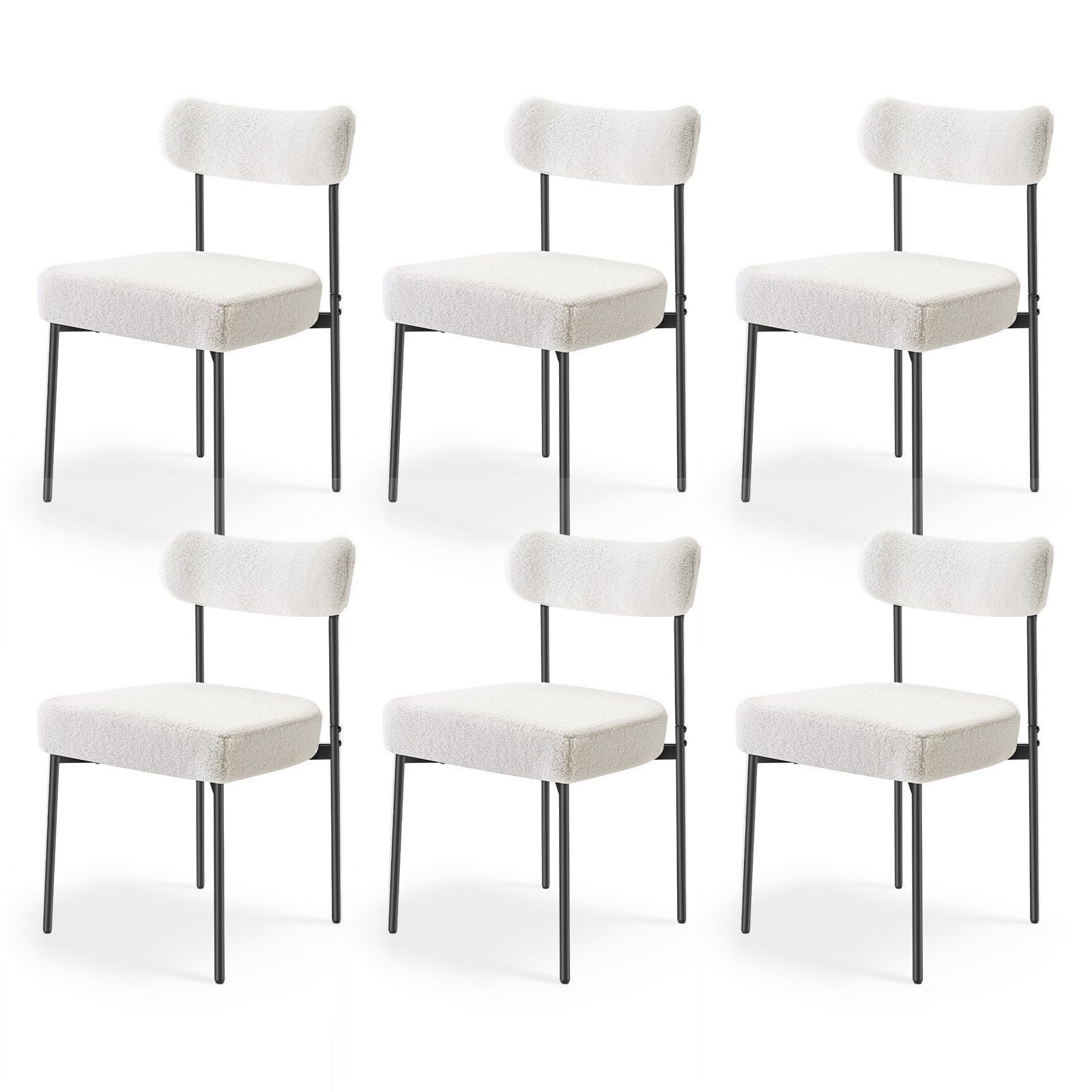VEVOR Boucle Dining Chairs Set of 6, Mid Century Modern Sherpa Accent Chairs, Upholstered Side Chair for Dining Table, Space-Saving White Kitchen Table Chair with Curved Backrest and Black Metal Legs