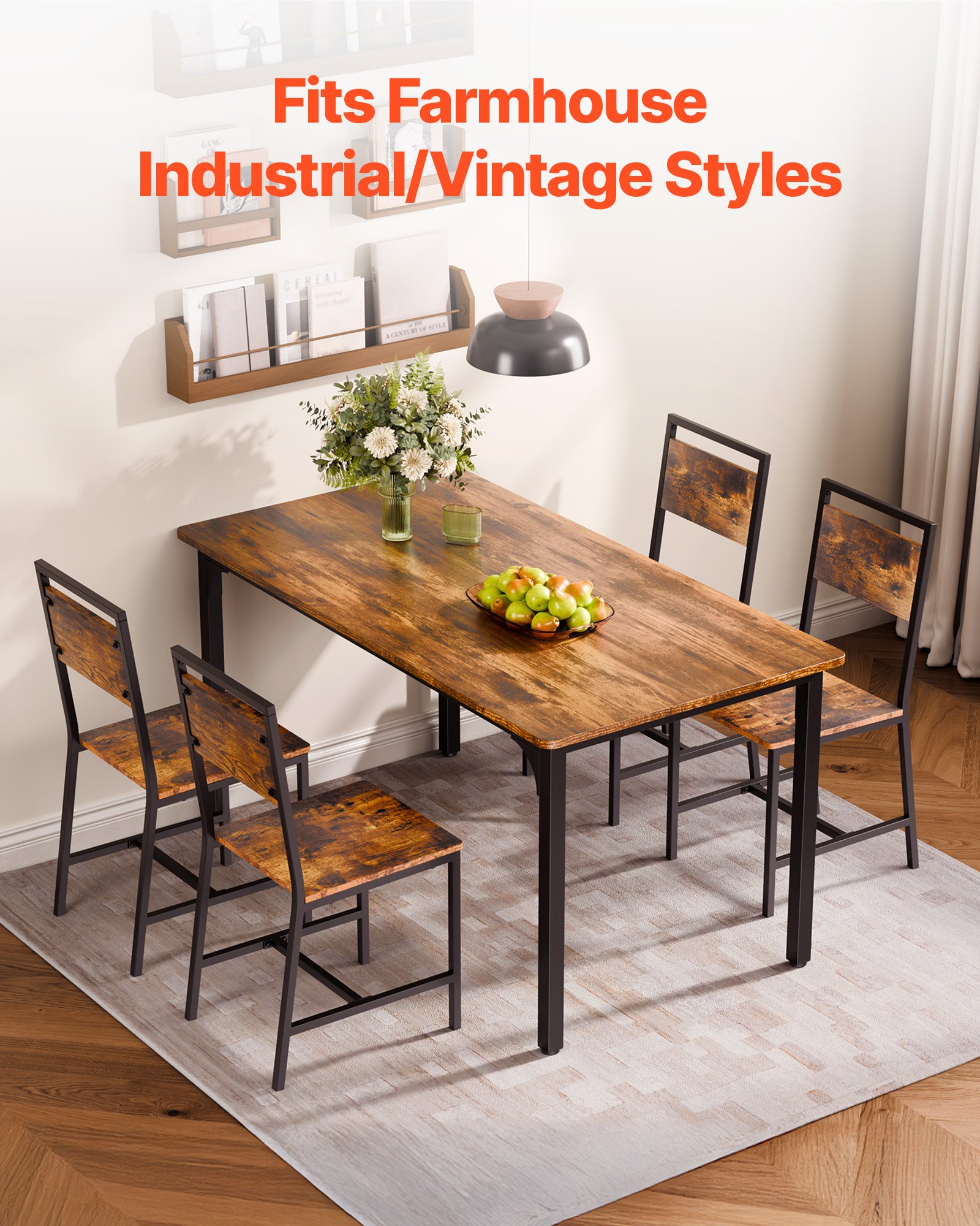 VEVOR Dining Chairs Set of 4, Wooden Table Chairs with Metal Frame and Backrest, Easy to Assemble Leather Side Chair, Modern Farmhouse Walnut Chair for Kitchen Living Room, Rustic Brown and Black