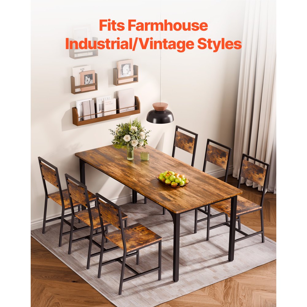 VEVOR Dining Chairs Set of 6, Wooden Table Chairs with Metal Frame and Backrest, Easy to Assemble Leather Side Chair, Modern Farmhouse Walnut Chair for Kitchen Living Room, Rustic Brown and Black