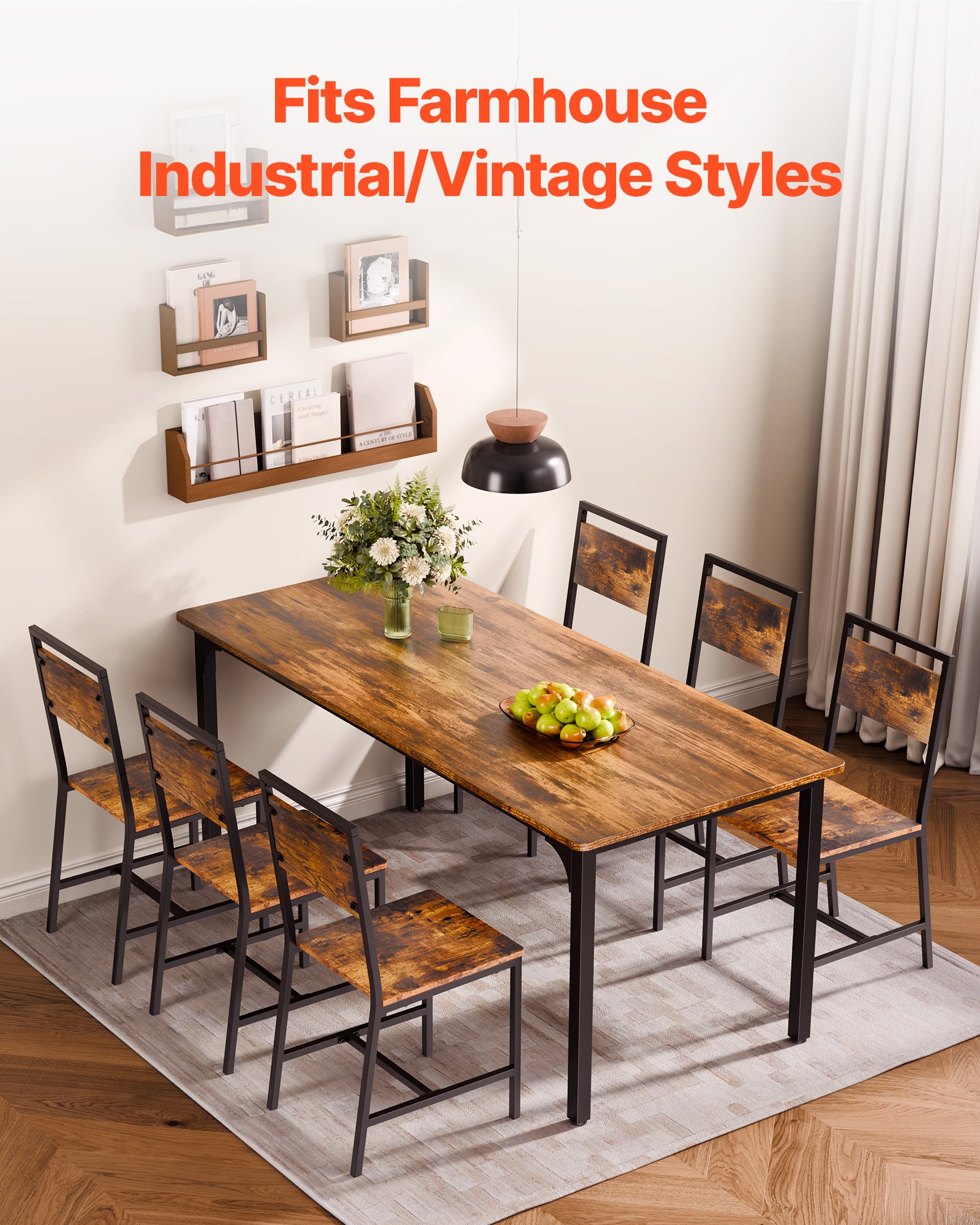 VEVOR Dining Chairs Set of 6, Wooden Table Chairs with Metal Frame and Backrest, Easy to Assemble Leather Side Chair, Modern Farmhouse Walnut Chair for Kitchen Living Room, Rustic Brown and Black