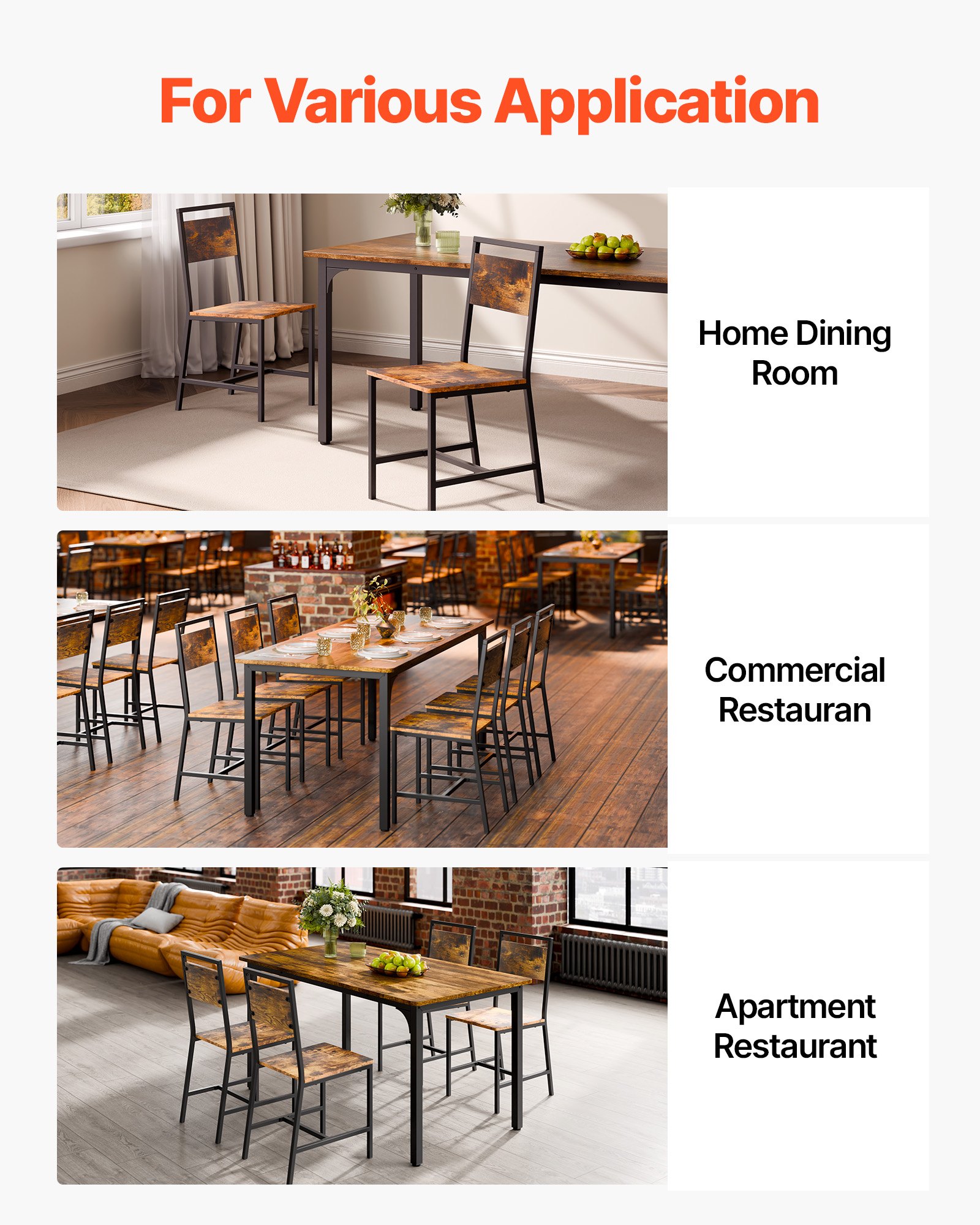 VEVOR Dining Chairs Set of 6, Wooden Table Chairs with Metal Frame and Backrest, Easy to Assemble Leather Side Chair, Modern Farmhouse Walnut Chair for Kitchen Living Room, Rustic Brown and Black