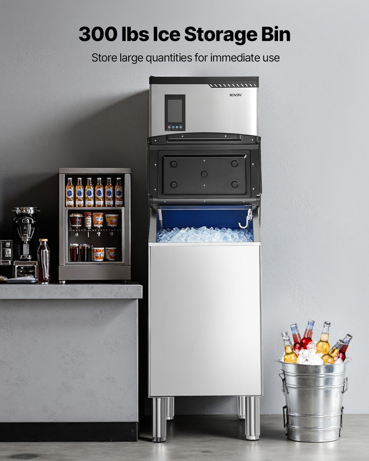 VEVOR Commercial Ice Maker Machine, 300LBS/24H Ice-Making Machine with 300LBS Stainless Steel Storage Bin, Auto Self-Cleaning Ice Maker with Touchscreen for Bar Cafe Restaurant Business Commercial