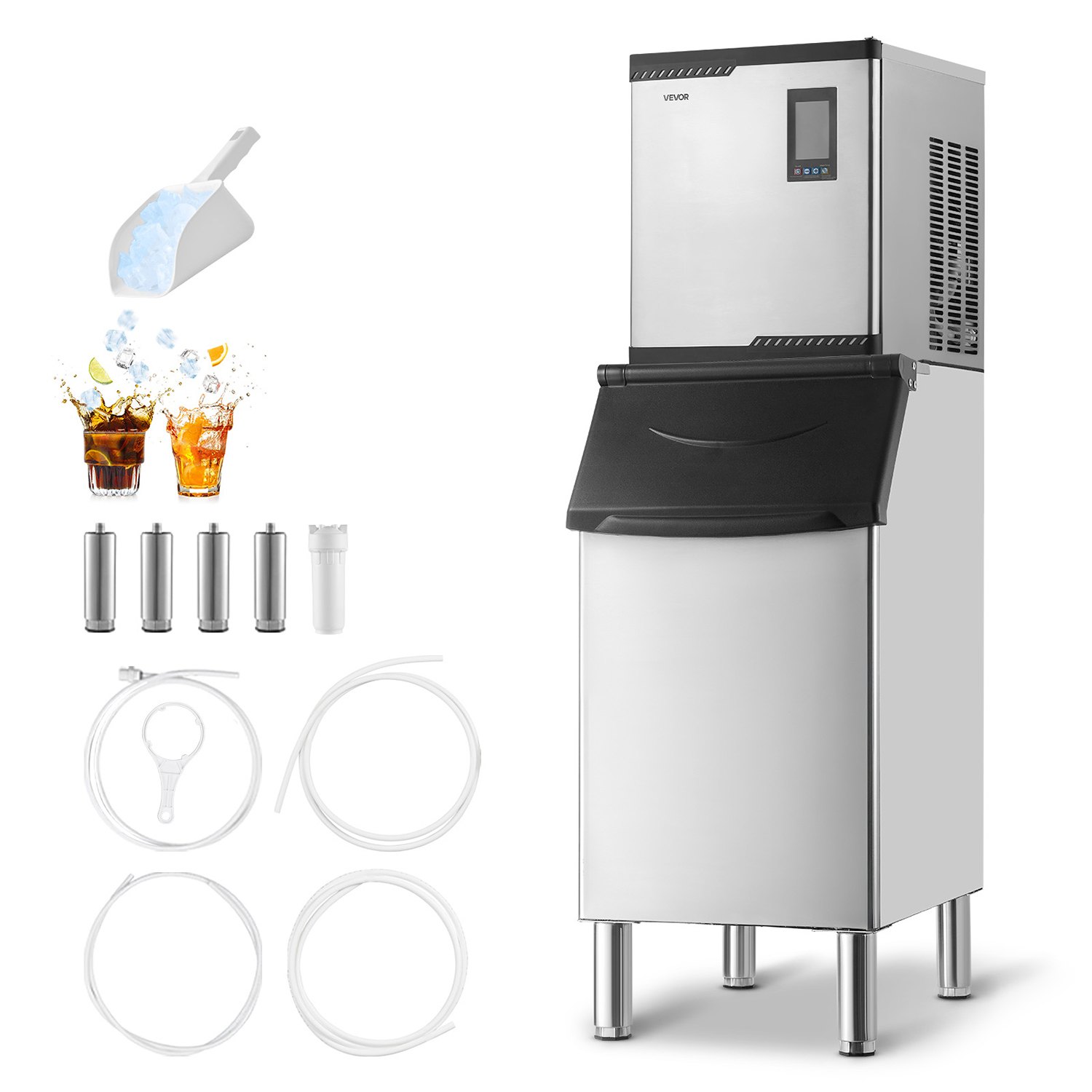 VEVOR Commercial Ice Maker Machine, 300LBS/24H Ice-Making Machine with 300LBS Stainless Steel Storage Bin, Auto Self-Cleaning Ice Maker with Touchscreen for Bar Cafe Restaurant Business Commercial