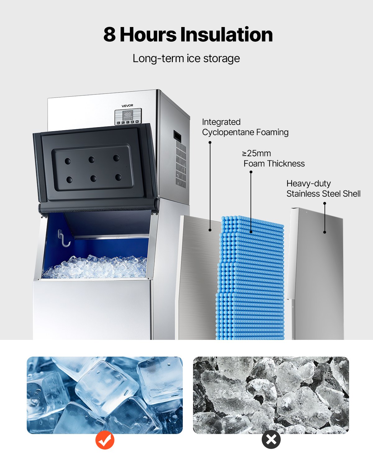 VEVOR Commercial Ice Maker Machine, 181KG/24H Ice-Making Machine with 136KG Stainless Steel Storage Bin, Auto Self-Cleaning Ice Maker with Touchscreen for Bar Cafe Restaurant Business Commercial