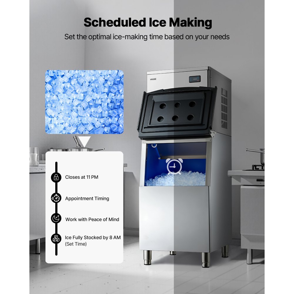 VEVOR Commercial Ice Maker Machine, 204KG/24H Ice-Making Machine with 113KG Stainless Steel Storage Bin, Auto Self-Cleaning Ice Maker with Touchscreen for Bar Cafe Restaurant Business Commercial