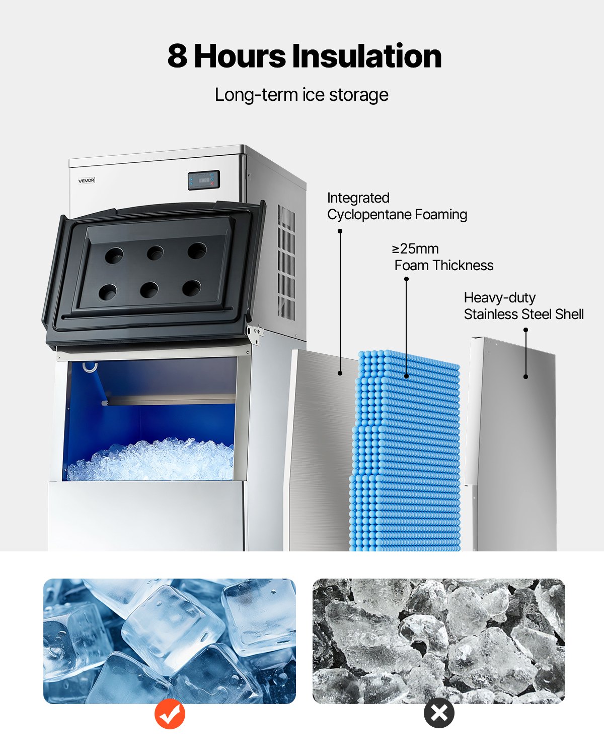 VEVOR Commercial Ice Maker Machine, 204KG/24H Ice-Making Machine with 113KG Stainless Steel Storage Bin, Auto Self-Cleaning Ice Maker with Touchscreen for Bar Cafe Restaurant Business Commercial