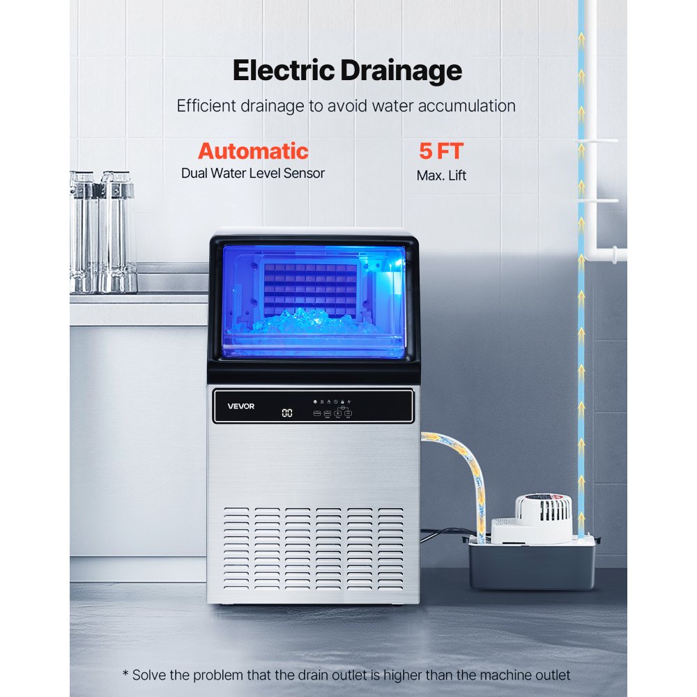 VEVOR Commercial Ice Maker Machine with Pump, 130Lbs/24H with 33Lbs Storage, 45 Cubes per Cycle, Freestanding & Under Counter Ice Maker with LED Display & Self-Cleaning, for Home Bar Restaurant