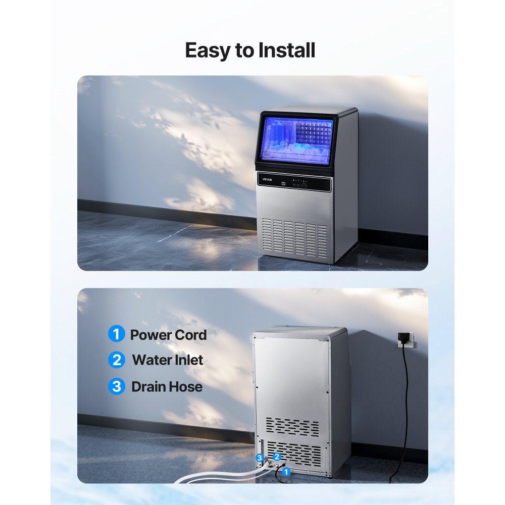 VEVOR Commercial Ice Maker Machine with Pump, 130Lbs/24H with 33Lbs Storage, 45 Cubes per Cycle, Freestanding & Under Counter Ice Maker with LED Display & Self-Cleaning, for Home Bar Restaurant