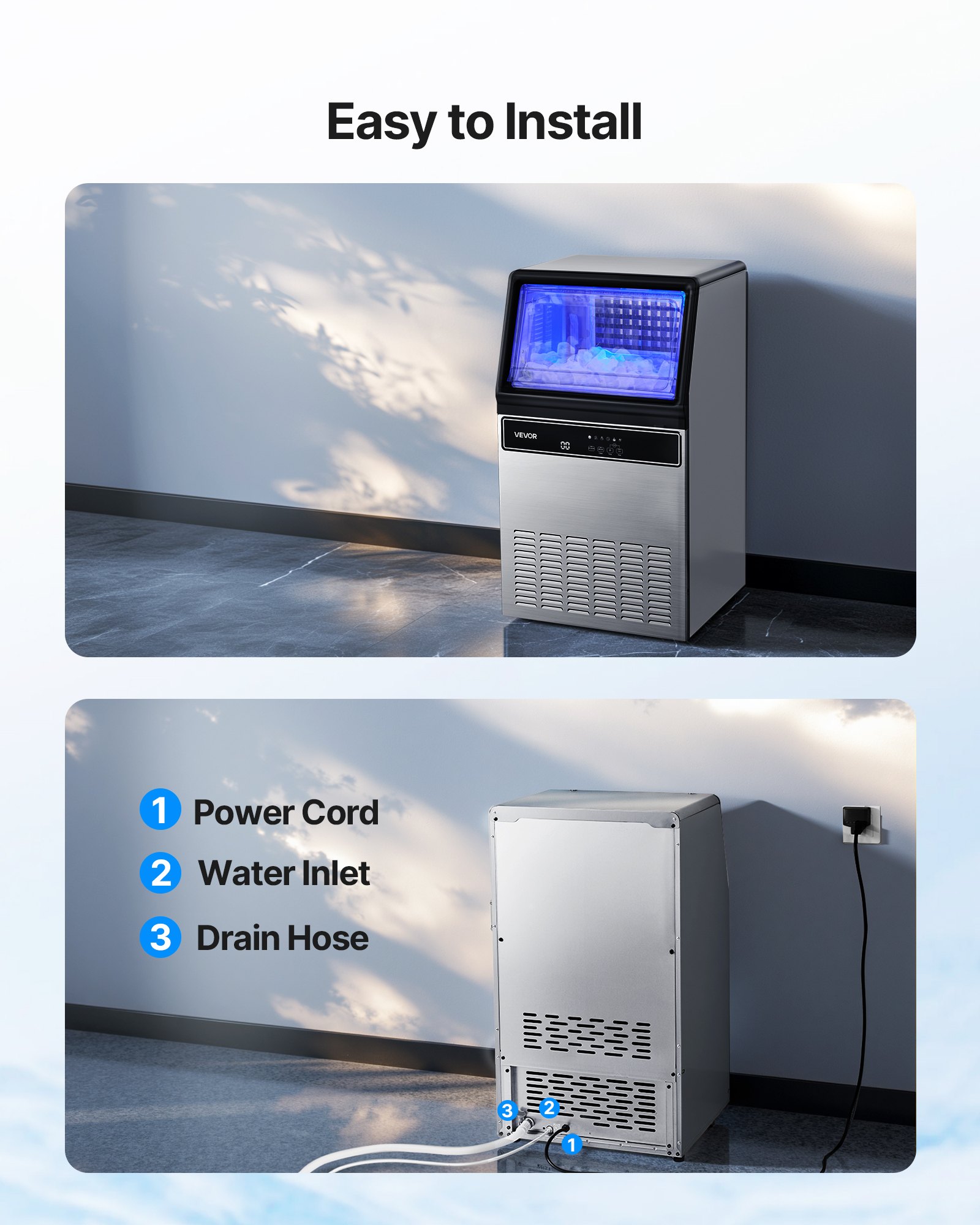 VEVOR Commercial Ice Maker Machine with Pump, 130Lbs/24H with 33Lbs Storage, 45 Cubes per Cycle, Freestanding & Under Counter Ice Maker with LED Display & Self-Cleaning, for Home Bar Restaurant