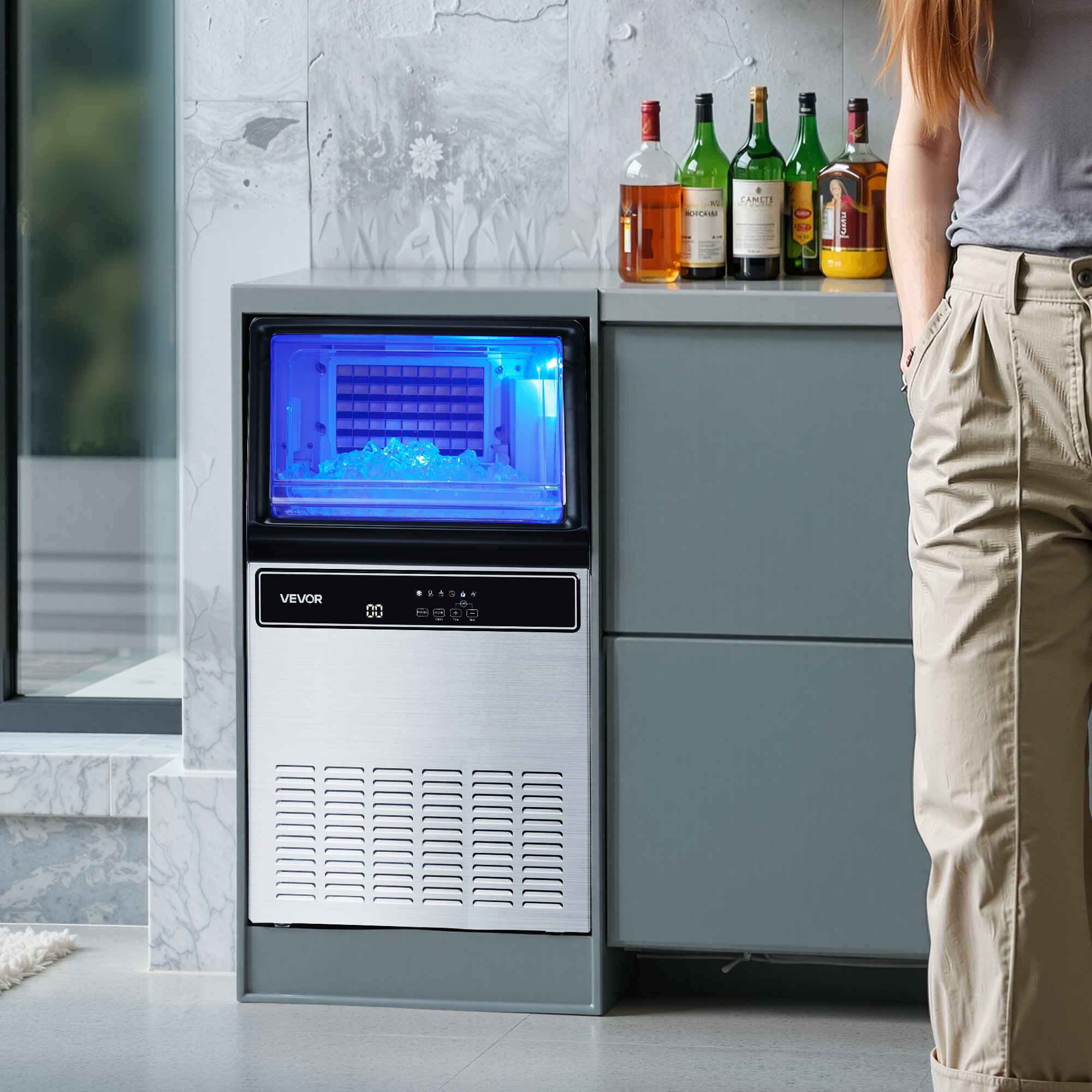 VEVOR Commercial Ice Maker Machine with Pump, 130Lbs/24H with 33Lbs Storage, 45 Cubes per Cycle, Freestanding & Under Counter Ice Maker with LED Display & Self-Cleaning, for Home Bar Restaurant