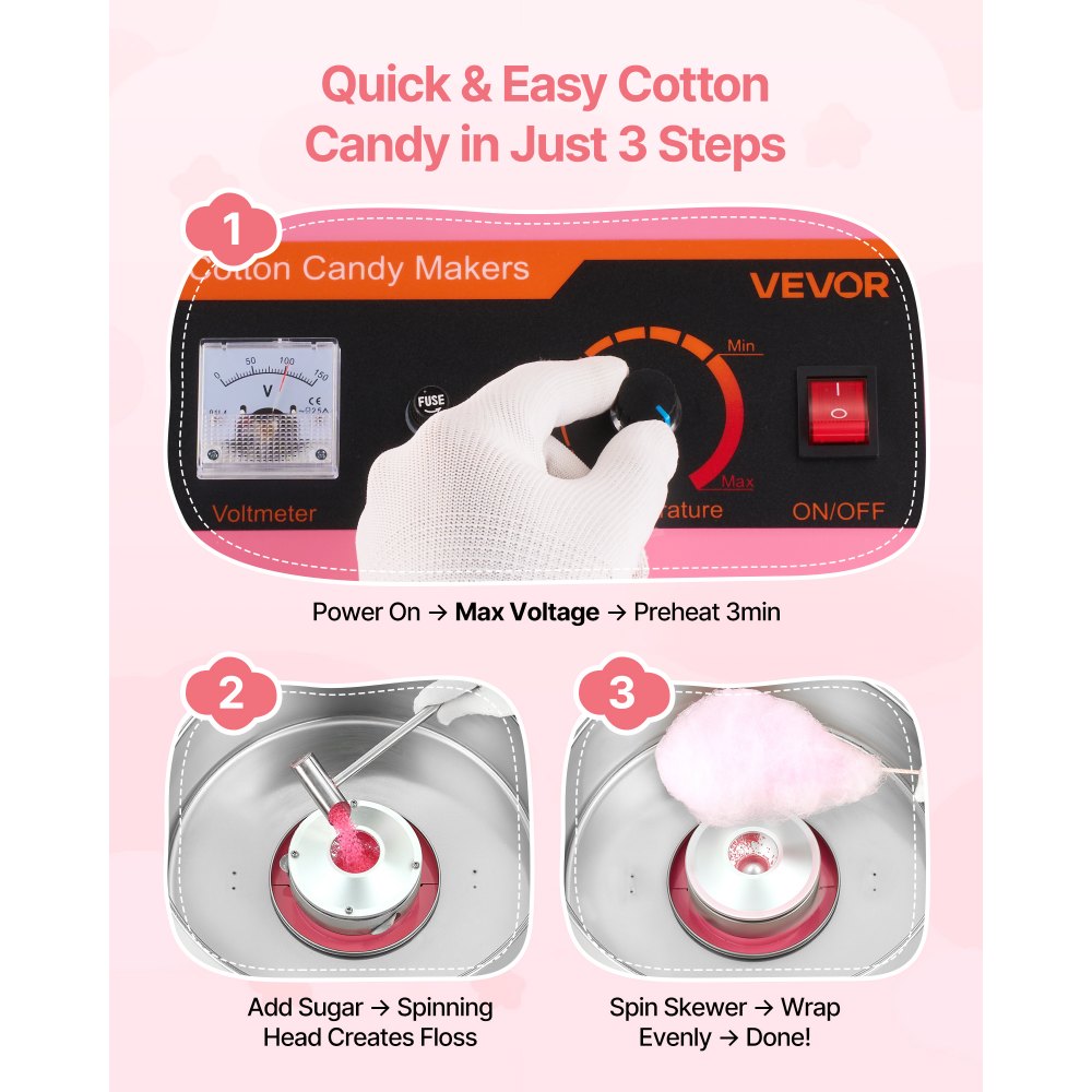 VEVOR Electric Cotton Candy Machine, 1000W Commercial Floss Maker With Cover, Commercial Cotton Candy Machine w/Stainless Steel Bowl & Sugar Scoop, Ideal for Carnival, Birthday, Family Party, Pink