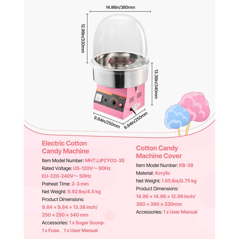 VEVOR Electric Cotton Candy Machine, 1000W Commercial Floss Maker With Cover, Commercial Cotton Candy Machine w/Stainless Steel Bowl & Sugar Scoop, Ideal for Carnival, Birthday, Family Party, Pink