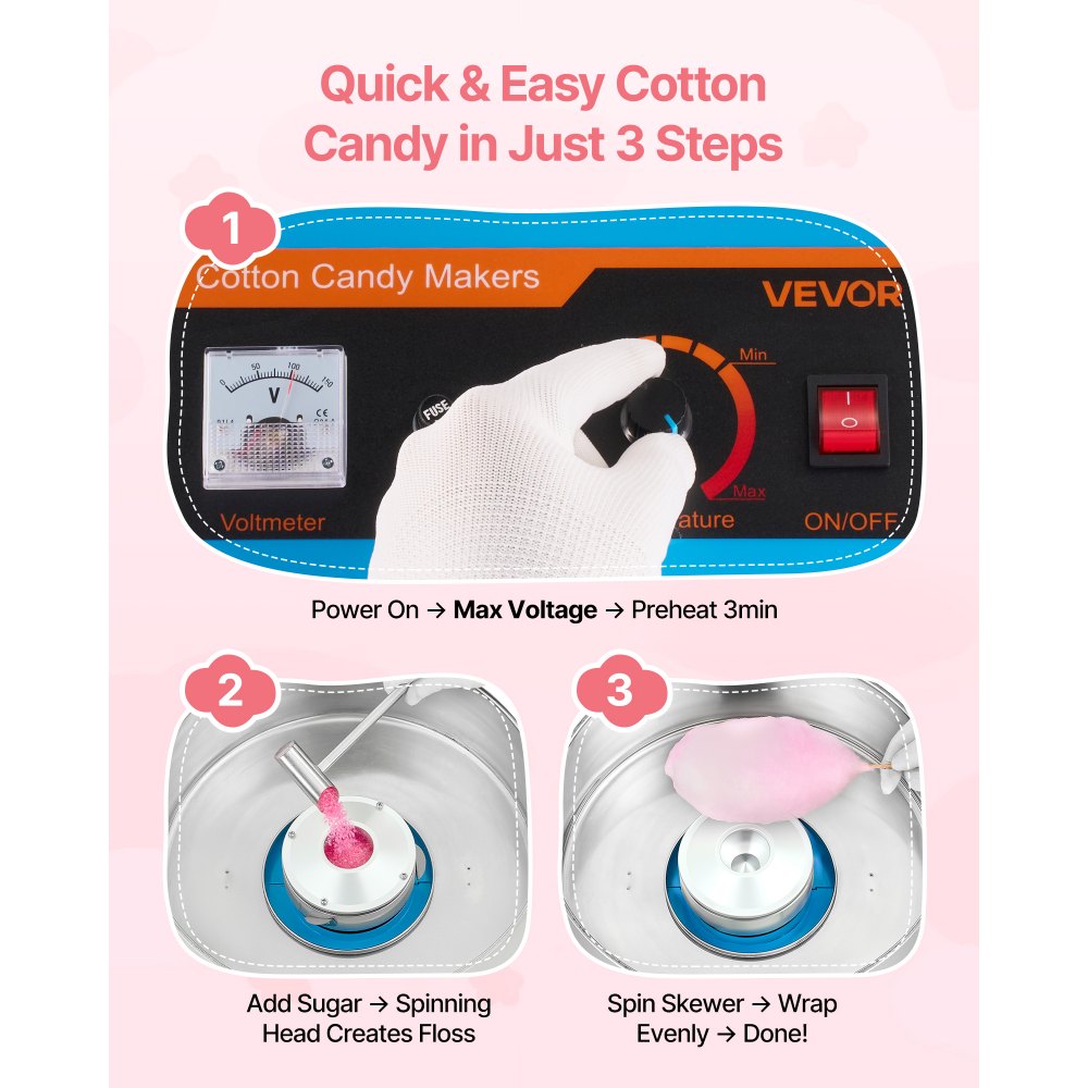 VEVOR Electric Cotton Candy Machine, 1000W Commercial Floss Maker With Cover, Commercial Cotton Candy Machine w/Stainless Steel Bowl & Sugar Scoop, Ideal for Carnival, Birthday, Family Party, Blue
