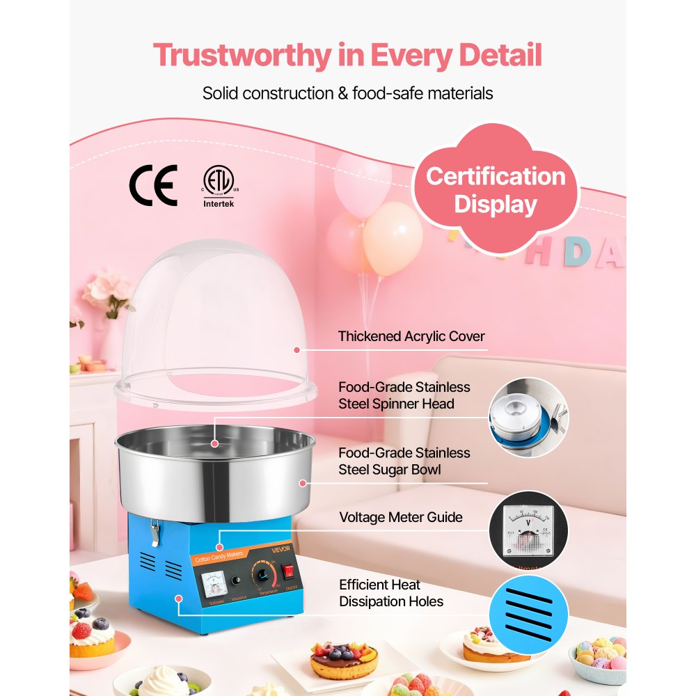 VEVOR Electric Cotton Candy Machine, 1000W Commercial Floss Maker With Cover, Commercial Cotton Candy Machine w/Stainless Steel Bowl & Sugar Scoop, Ideal for Carnival, Birthday, Family Party, Blue