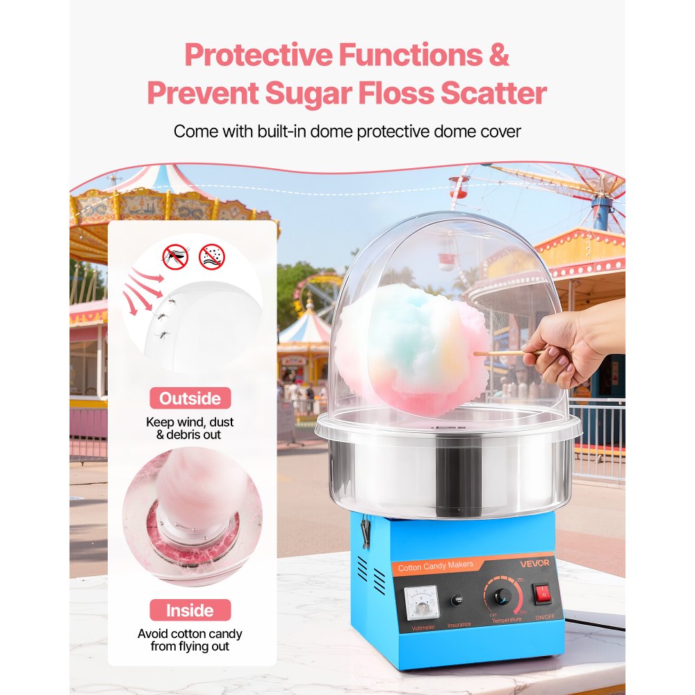 VEVOR Electric Cotton Candy Machine, 1000W Commercial Floss Maker With Cover, Commercial Cotton Candy Machine w/Stainless Steel Bowl & Sugar Scoop, Ideal for Carnival, Birthday, Family Party, Blue