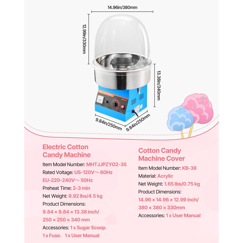 VEVOR Electric Cotton Candy Machine, 1000W Commercial Floss Maker With Cover, Commercial Cotton Candy Machine w/Stainless Steel Bowl & Sugar Scoop, Ideal for Carnival, Birthday, Family Party, Blue