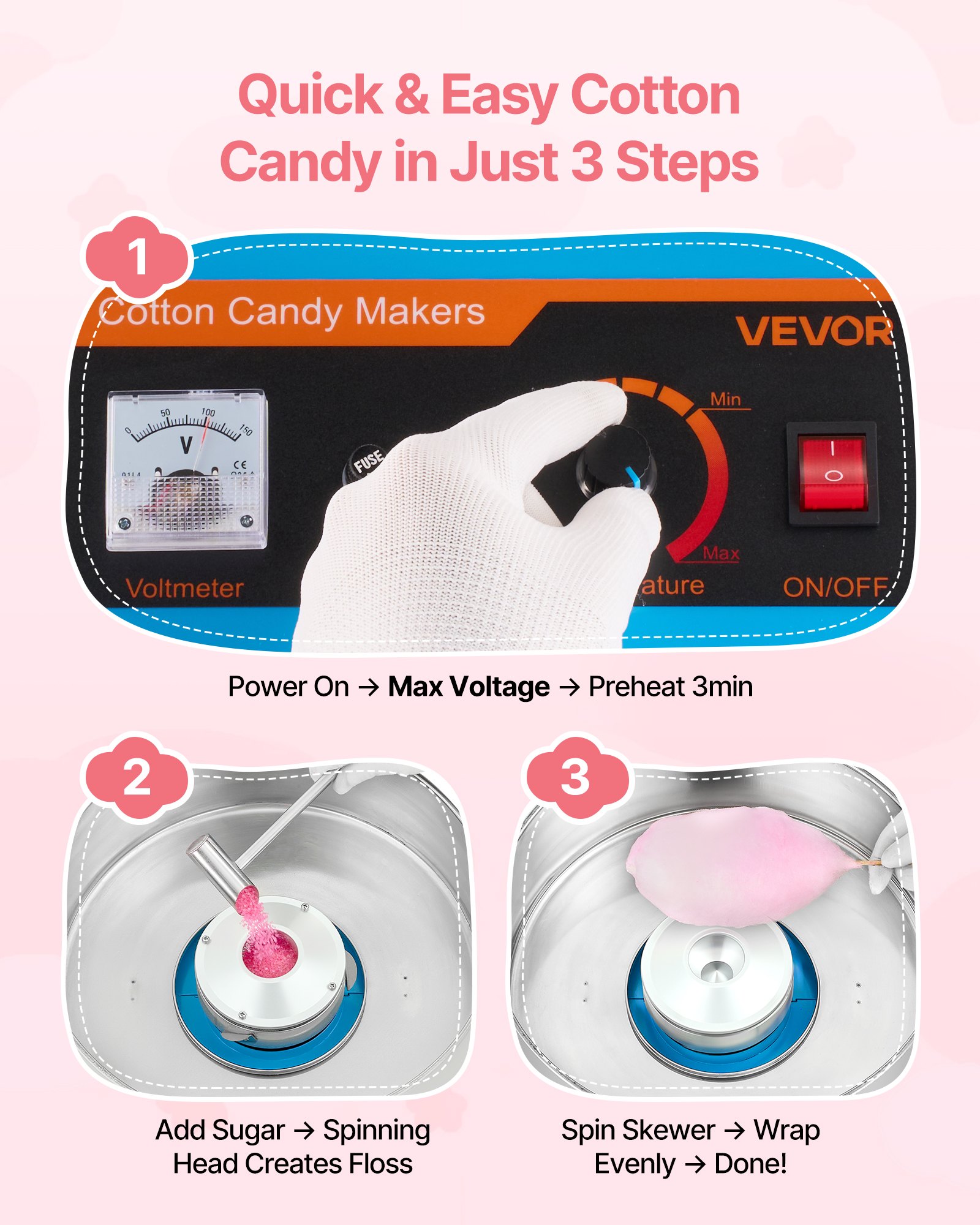 VEVOR Electric Cotton Candy Machine, 1000W Commercial Floss Maker With Cover, Commercial Cotton Candy Machine w/Stainless Steel Bowl & Sugar Scoop, Ideal for Carnival, Birthday, Family Party, Blue