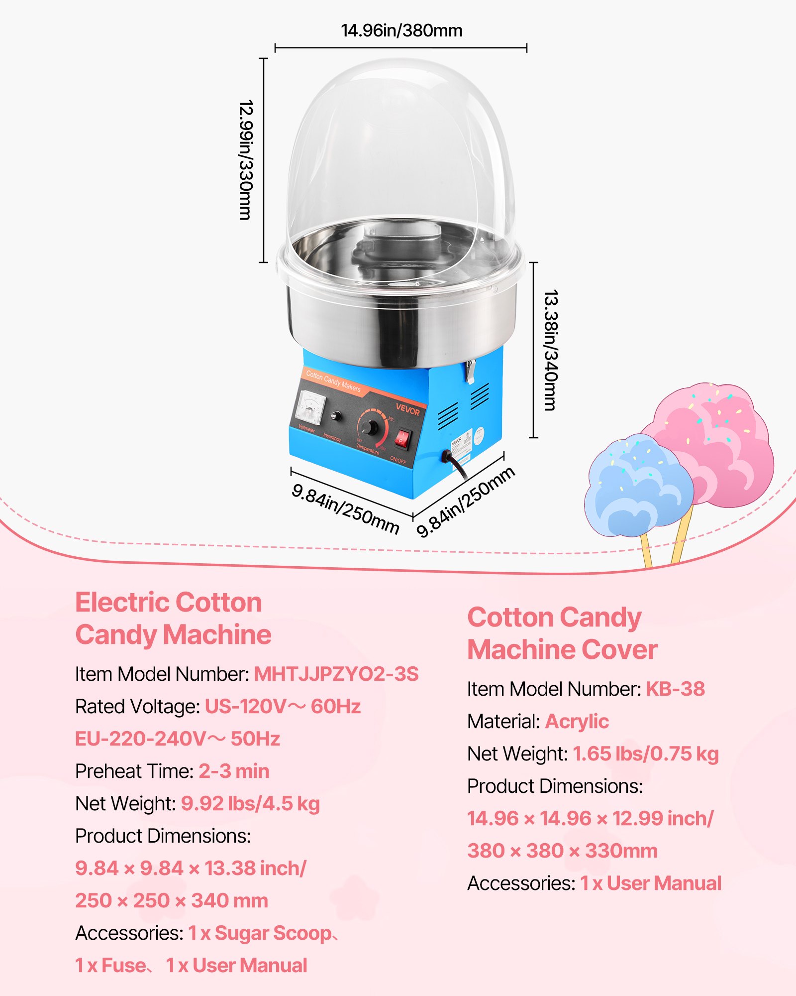 VEVOR Electric Cotton Candy Machine, 1000W Commercial Floss Maker With Cover, Commercial Cotton Candy Machine w/Stainless Steel Bowl & Sugar Scoop, Ideal for Carnival, Birthday, Family Party, Blue