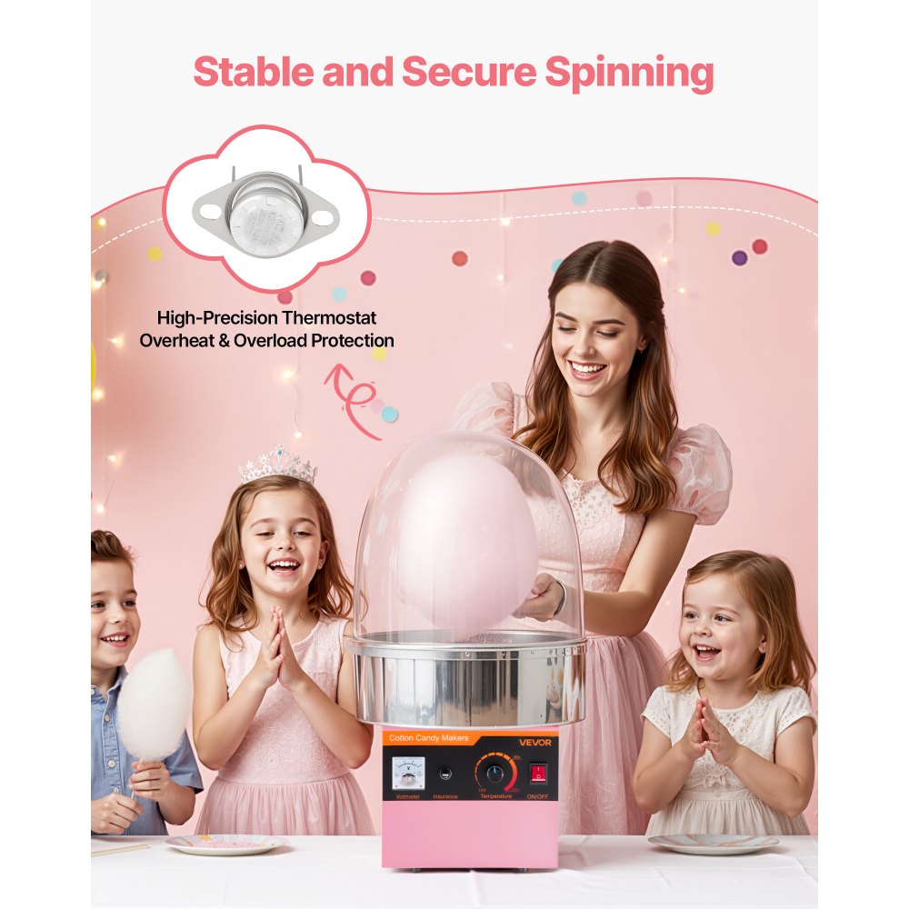 VEVOR Electric Cotton Candy Machine, 1000W Electric Floss Maker With Cover, Commercial Cotton Candy Machine w/Stainless Steel Bowl & Sugar Scoop, Ideal for Home, Carnival, Birthday, Family Party, Pink