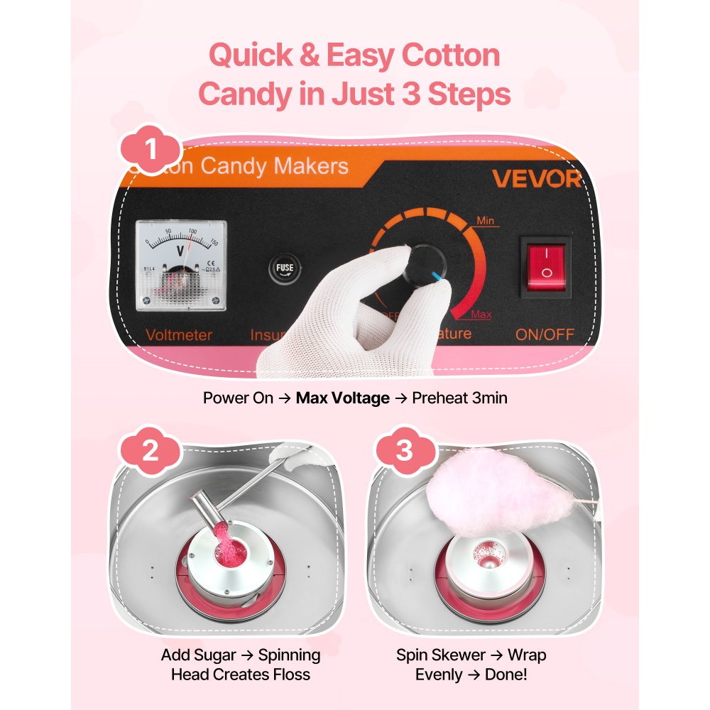 VEVOR Electric Cotton Candy Machine, 1000W Electric Floss Maker With Cover, Commercial Cotton Candy Machine w/Stainless Steel Bowl & Sugar Scoop, Ideal for Home, Carnival, Birthday, Family Party, Pink