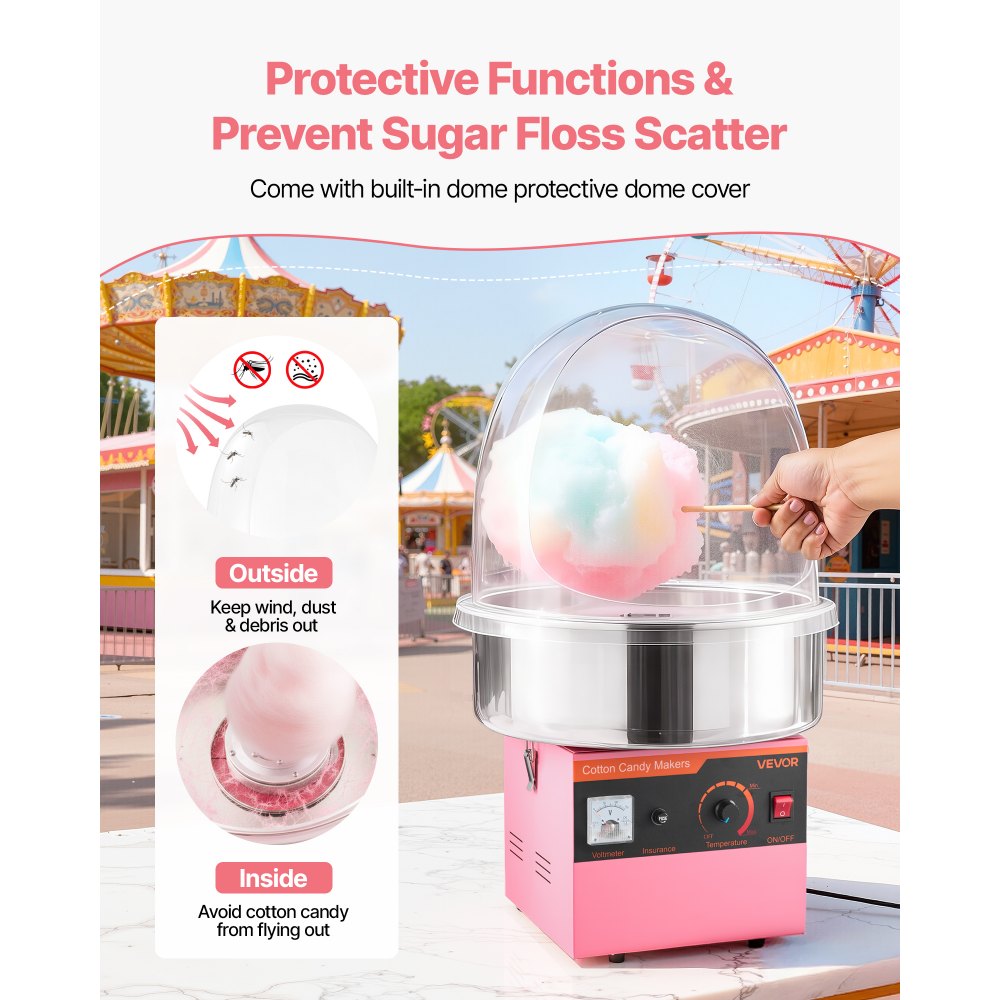 VEVOR Electric Cotton Candy Machine, 1000W Electric Floss Maker With Cover, Commercial Cotton Candy Machine w/Stainless Steel Bowl & Sugar Scoop, Ideal for Home, Carnival, Birthday, Family Party, Pink