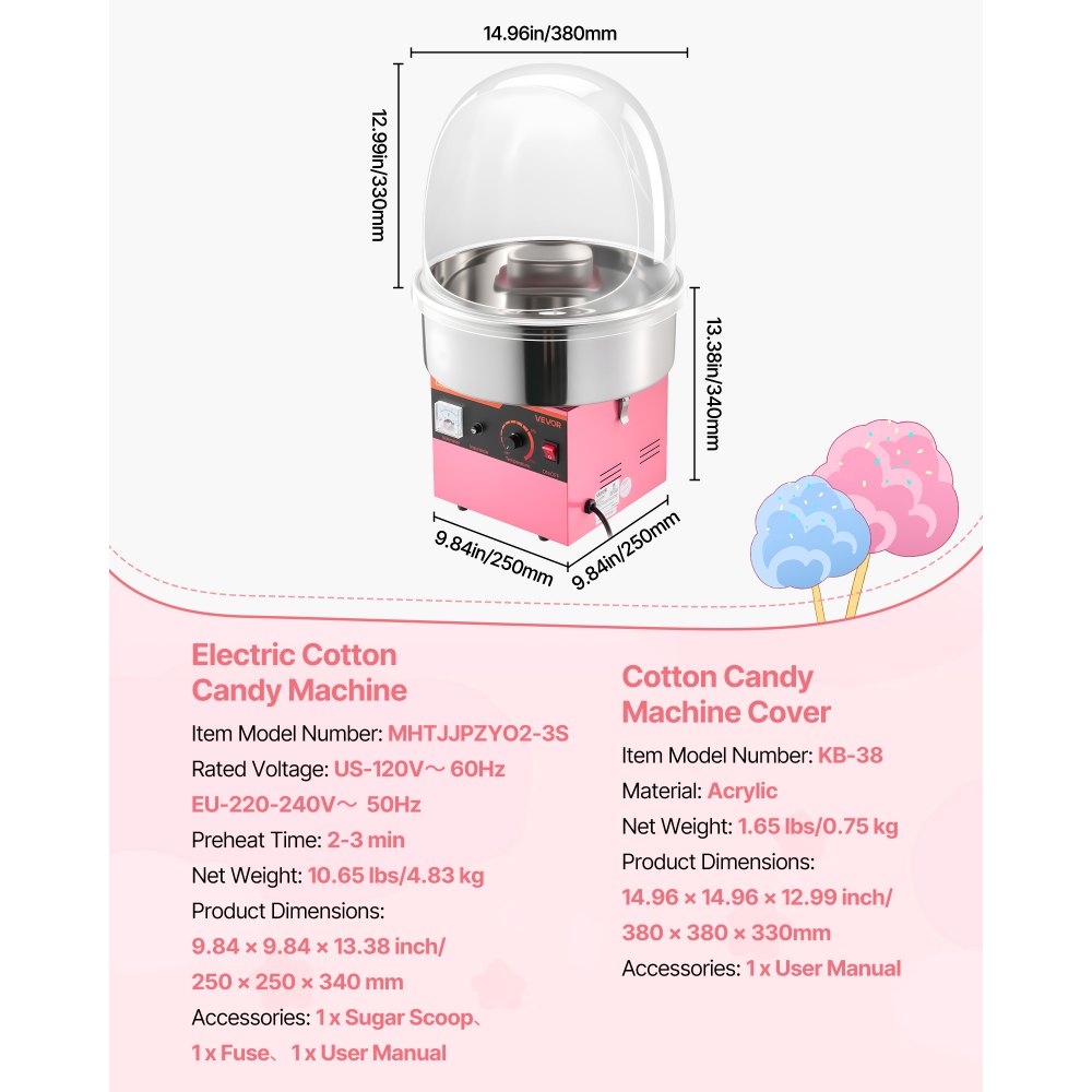VEVOR Electric Cotton Candy Machine, 1000W Electric Floss Maker With Cover, Commercial Cotton Candy Machine w/Stainless Steel Bowl & Sugar Scoop, Ideal for Home, Carnival, Birthday, Family Party, Pink