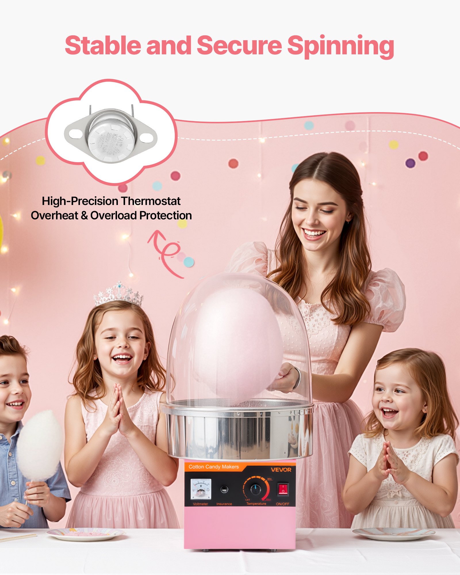 VEVOR Electric Cotton Candy Machine, 1000W Electric Floss Maker With Cover, Commercial Cotton Candy Machine w/Stainless Steel Bowl & Sugar Scoop, Ideal for Home, Carnival, Birthday, Family Party, Pink