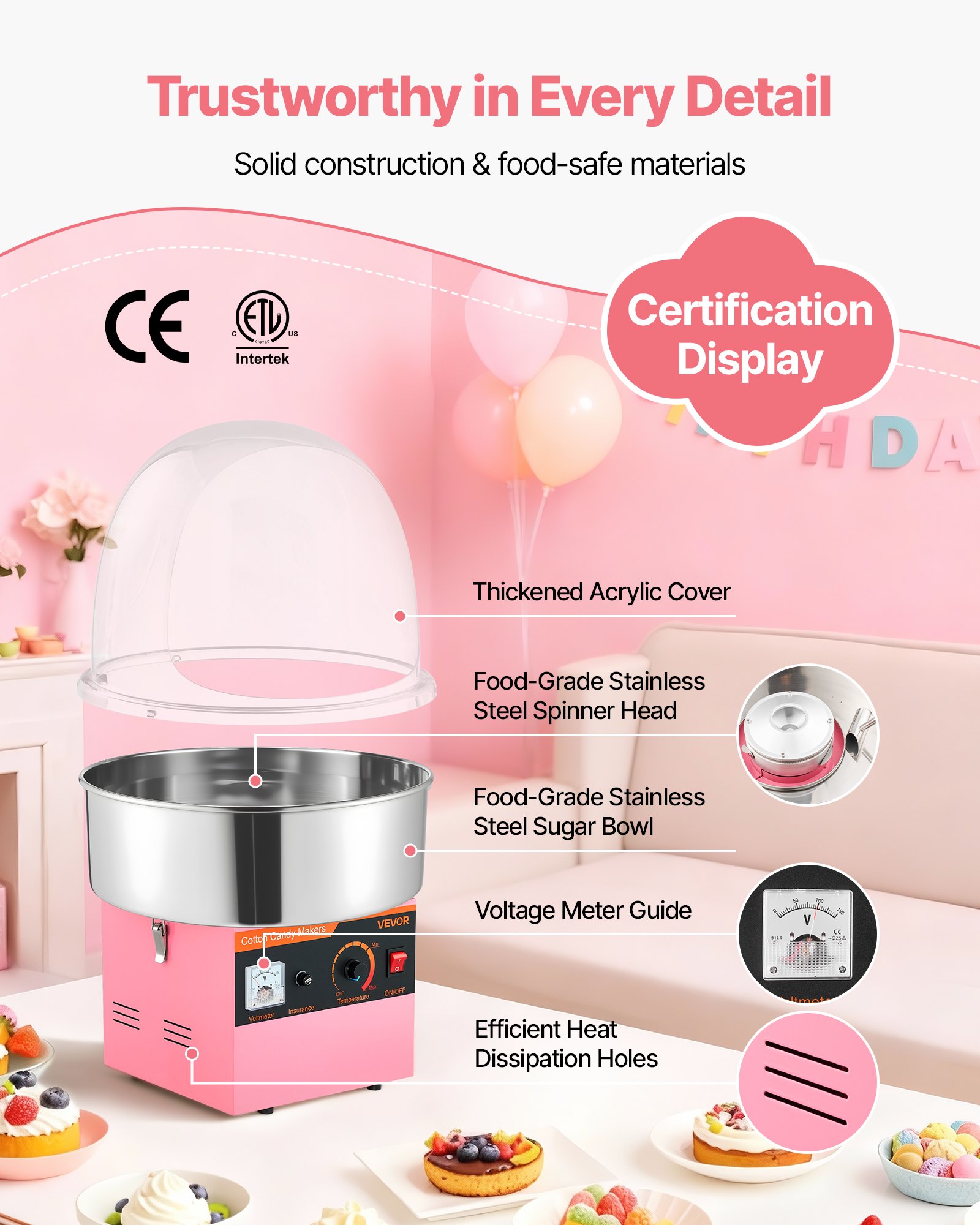 VEVOR Electric Cotton Candy Machine, 1000W Electric Floss Maker With Cover, Commercial Cotton Candy Machine w/Stainless Steel Bowl & Sugar Scoop, Ideal for Home, Carnival, Birthday, Family Party, Pink