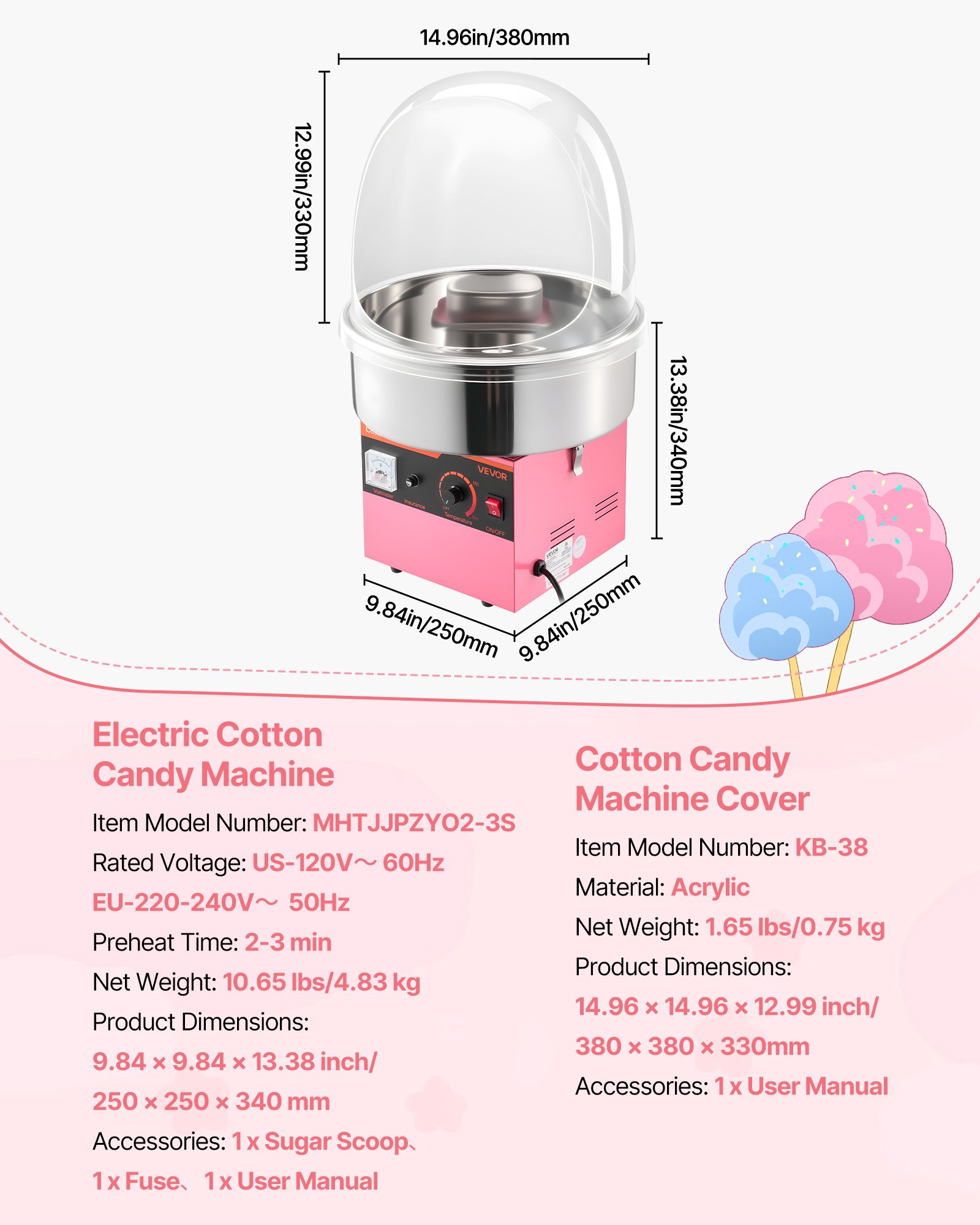 VEVOR Electric Cotton Candy Machine, 1000W Electric Floss Maker With Cover, Commercial Cotton Candy Machine w/Stainless Steel Bowl & Sugar Scoop, Ideal for Home, Carnival, Birthday, Family Party, Pink