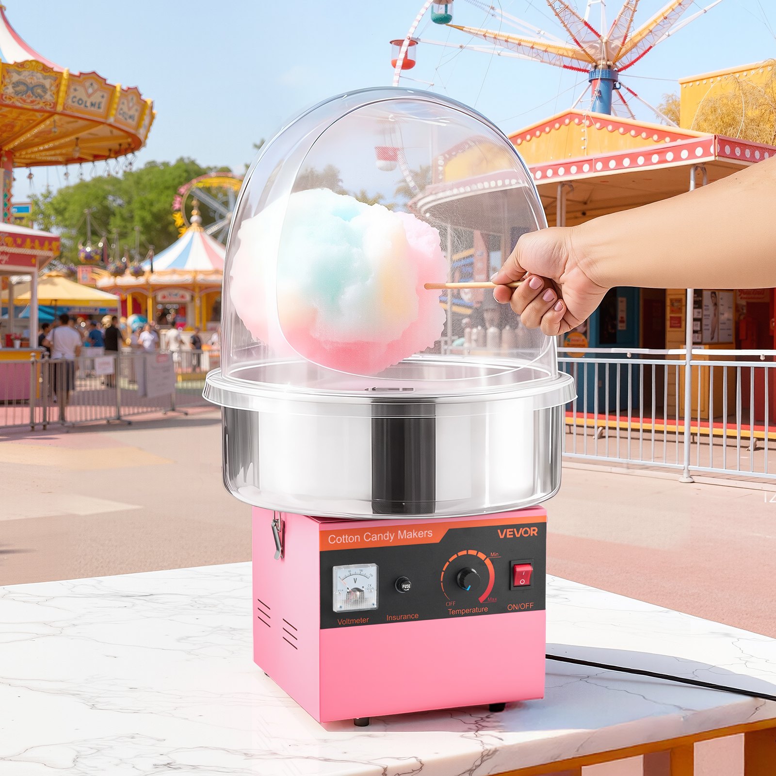 VEVOR Electric Cotton Candy Machine, 1000W Electric Floss Maker With Cover, Commercial Cotton Candy Machine w/Stainless Steel Bowl & Sugar Scoop, Ideal for Home, Carnival, Birthday, Family Party, Pink