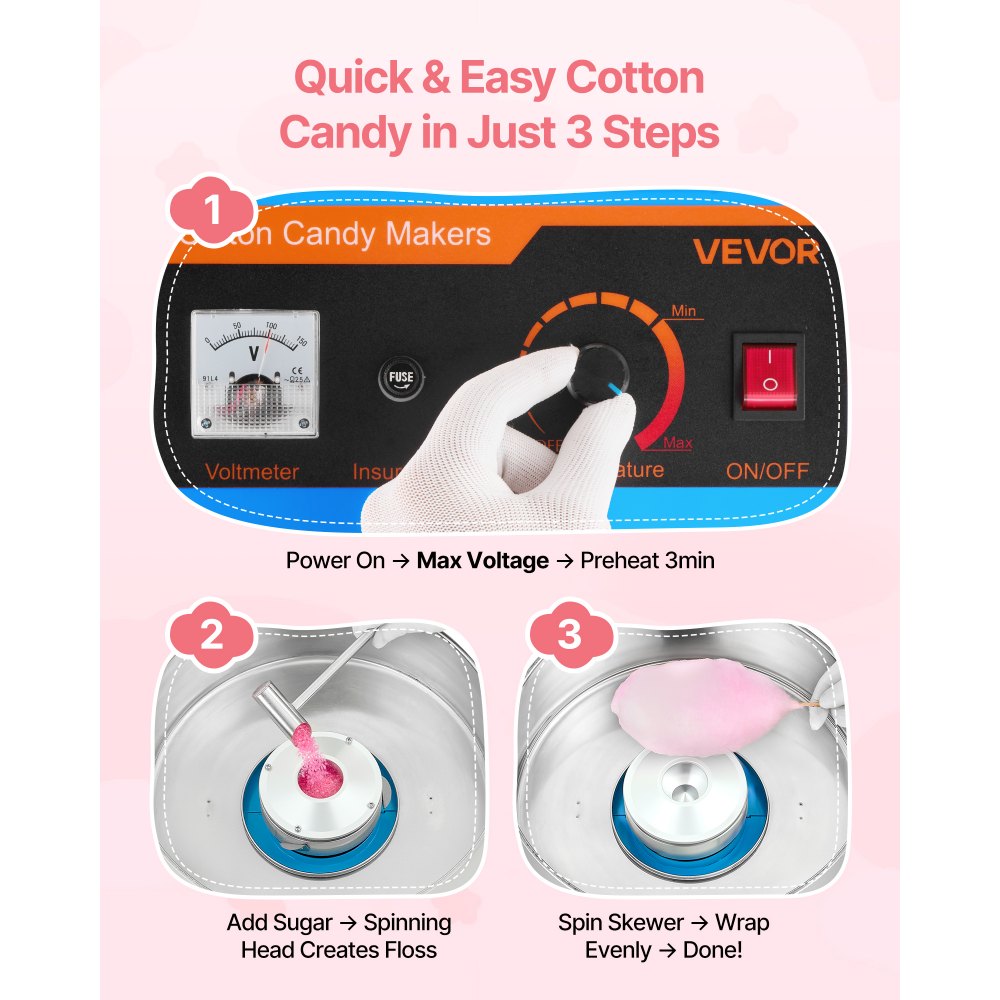 VEVOR Electric Cotton Candy Machine, 1000W Electric Floss Maker With Cover, Commercial Cotton Candy Machine w/Stainless Steel Bowl & Sugar Scoop, Ideal for Home, Carnival, Birthday, Family Party, Blue