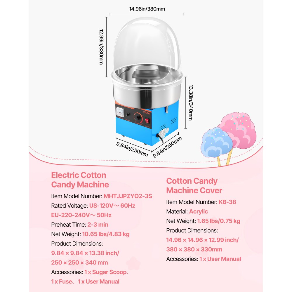 VEVOR Electric Cotton Candy Machine, 1000W Electric Floss Maker With Cover, Commercial Cotton Candy Machine w/Stainless Steel Bowl & Sugar Scoop, Ideal for Home, Carnival, Birthday, Family Party, Blue