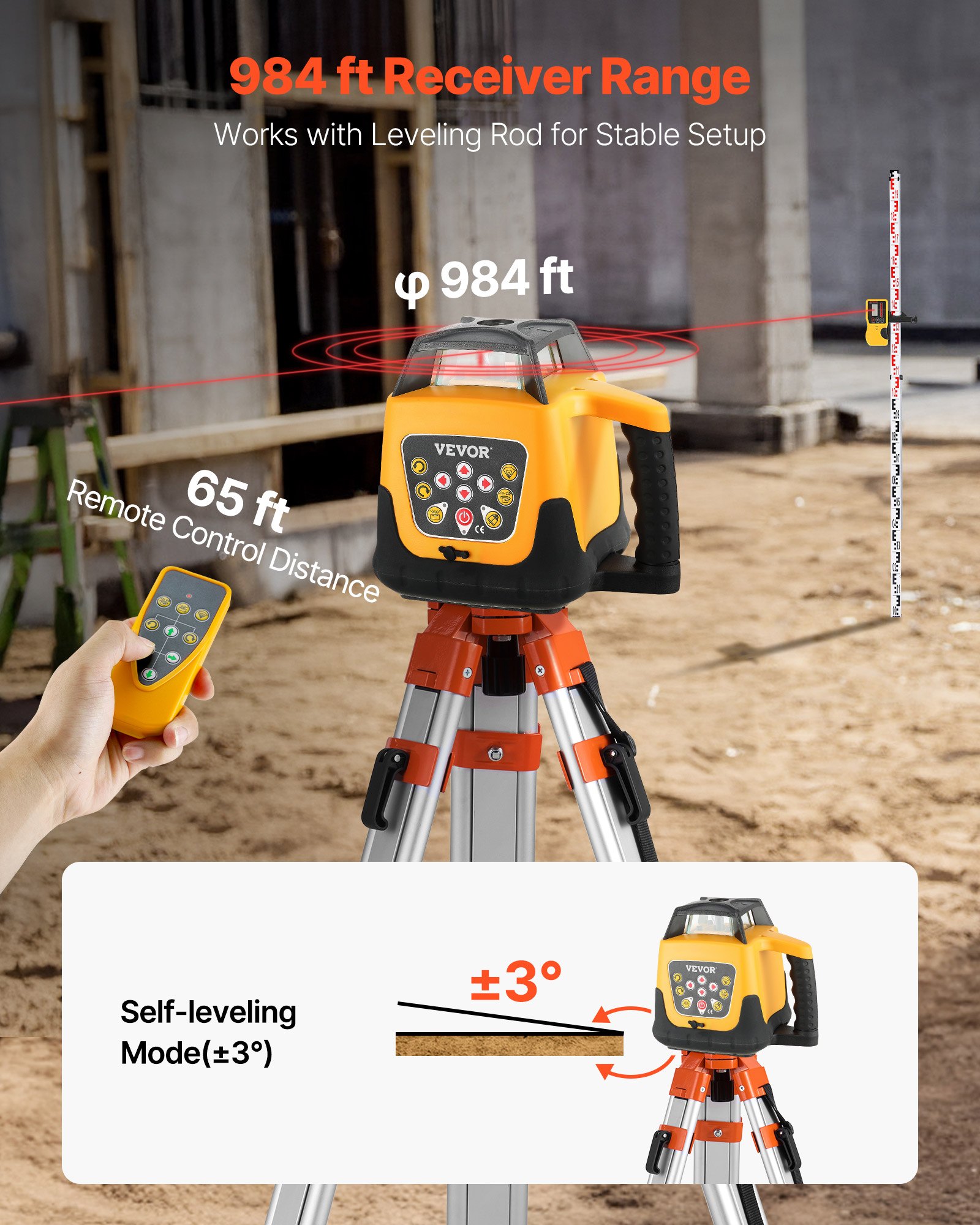 VEVOR Rotary Laser Level Kit, with Tripod+Staff Gauge, Red Beam 984 ft Range Slope Adjustable 360-Degree Spinning, Flexible Scanning Angle, Accurate with Remote Control Receiver Carrying Case