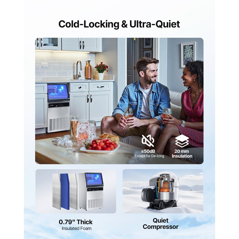 VEVOR Commercial Ice Maker Machine with Pump, 59 KG/24H with 15 KG Storage, 45 Cubes per Cycle, Freestanding & Under Counter Ice Maker with LED Display & Self-Cleaning, for Home Bar Restaurant