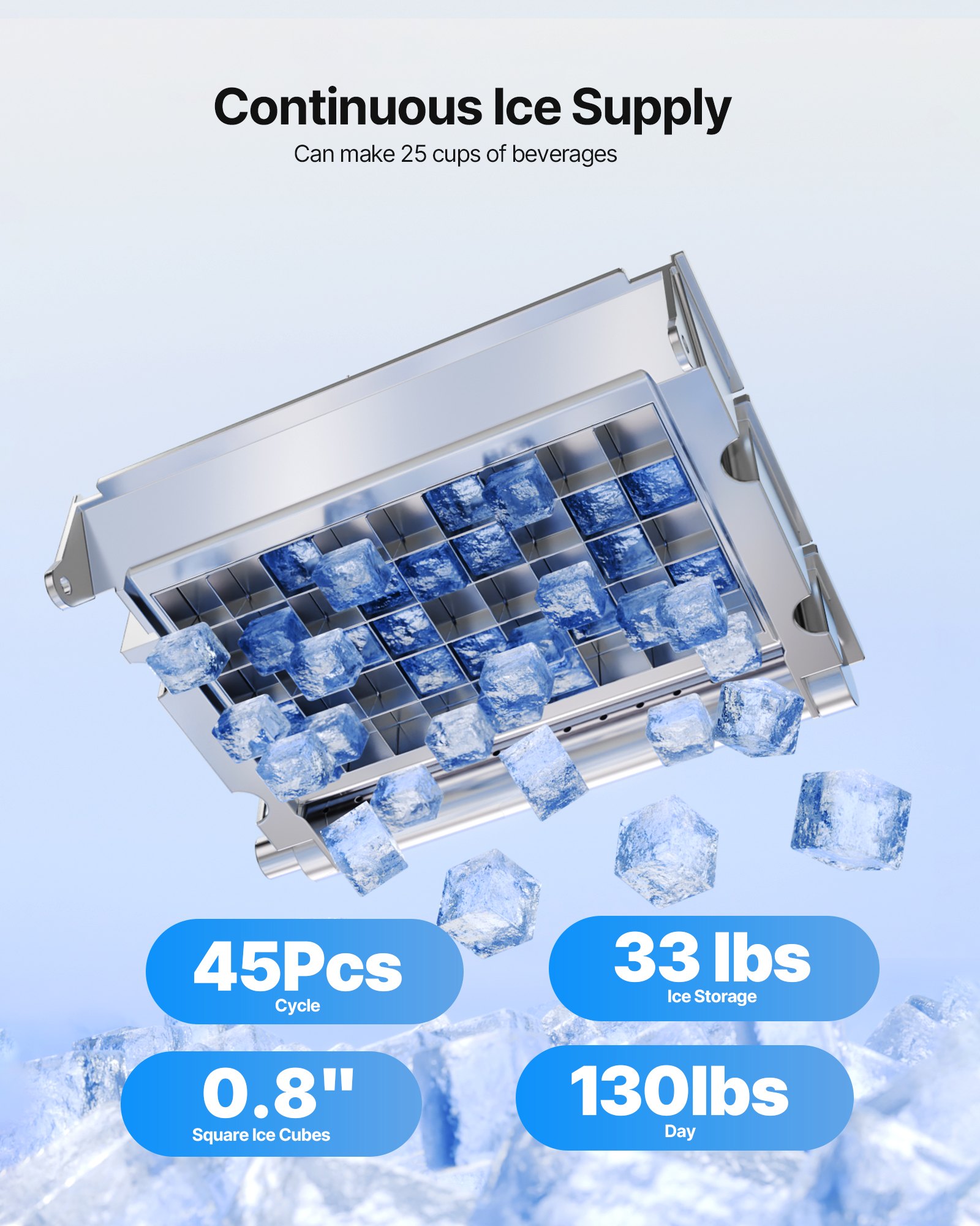 VEVOR Commercial Ice Maker Machine with Pump, 59 KG/24H with 15 KG Storage, 45 Cubes per Cycle, Freestanding & Under Counter Ice Maker with LED Display & Self-Cleaning, for Home Bar Restaurant