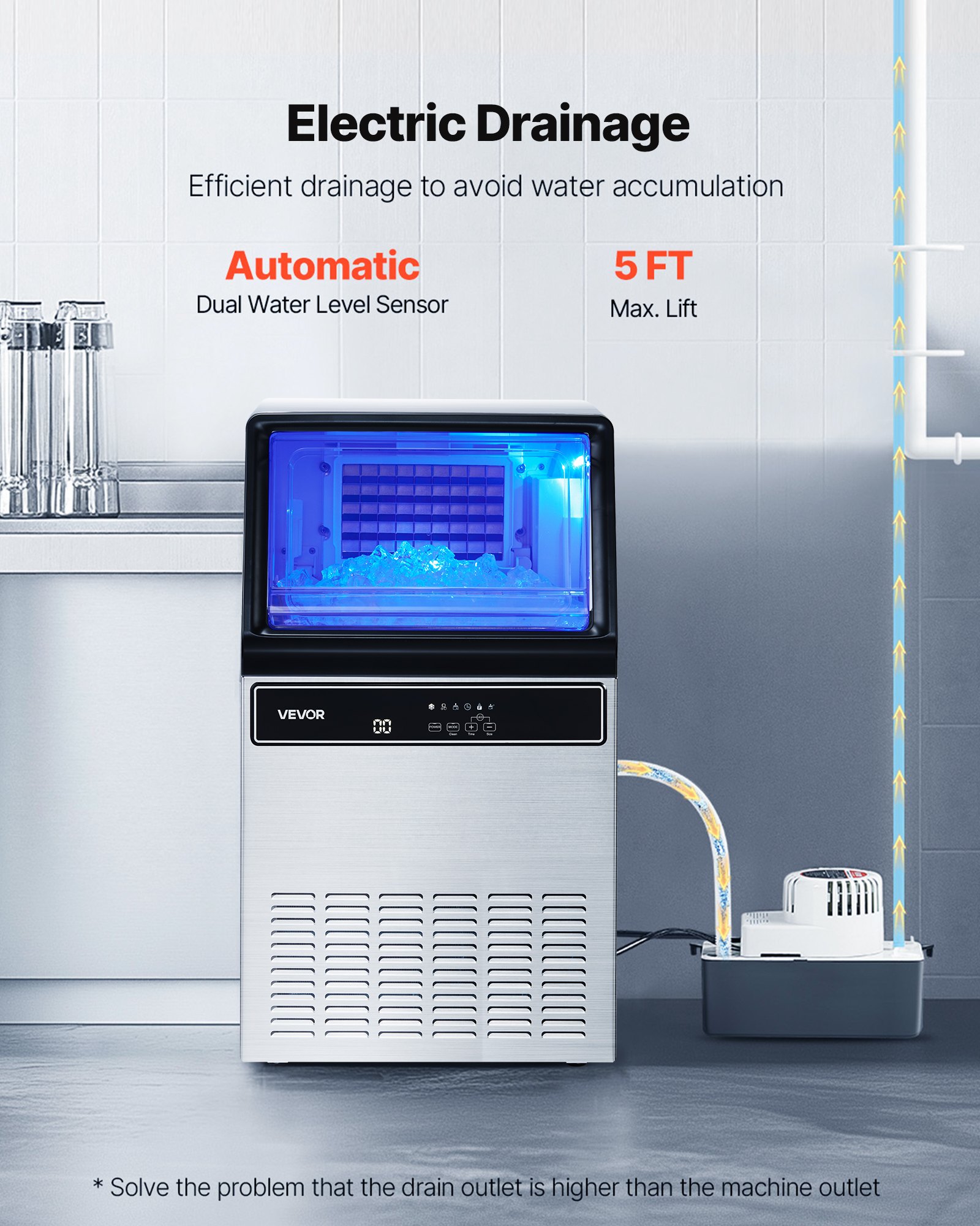 VEVOR Commercial Ice Maker Machine with Pump, 59 KG/24H with 15 KG Storage, 45 Cubes per Cycle, Freestanding & Under Counter Ice Maker with LED Display & Self-Cleaning, for Home Bar Restaurant