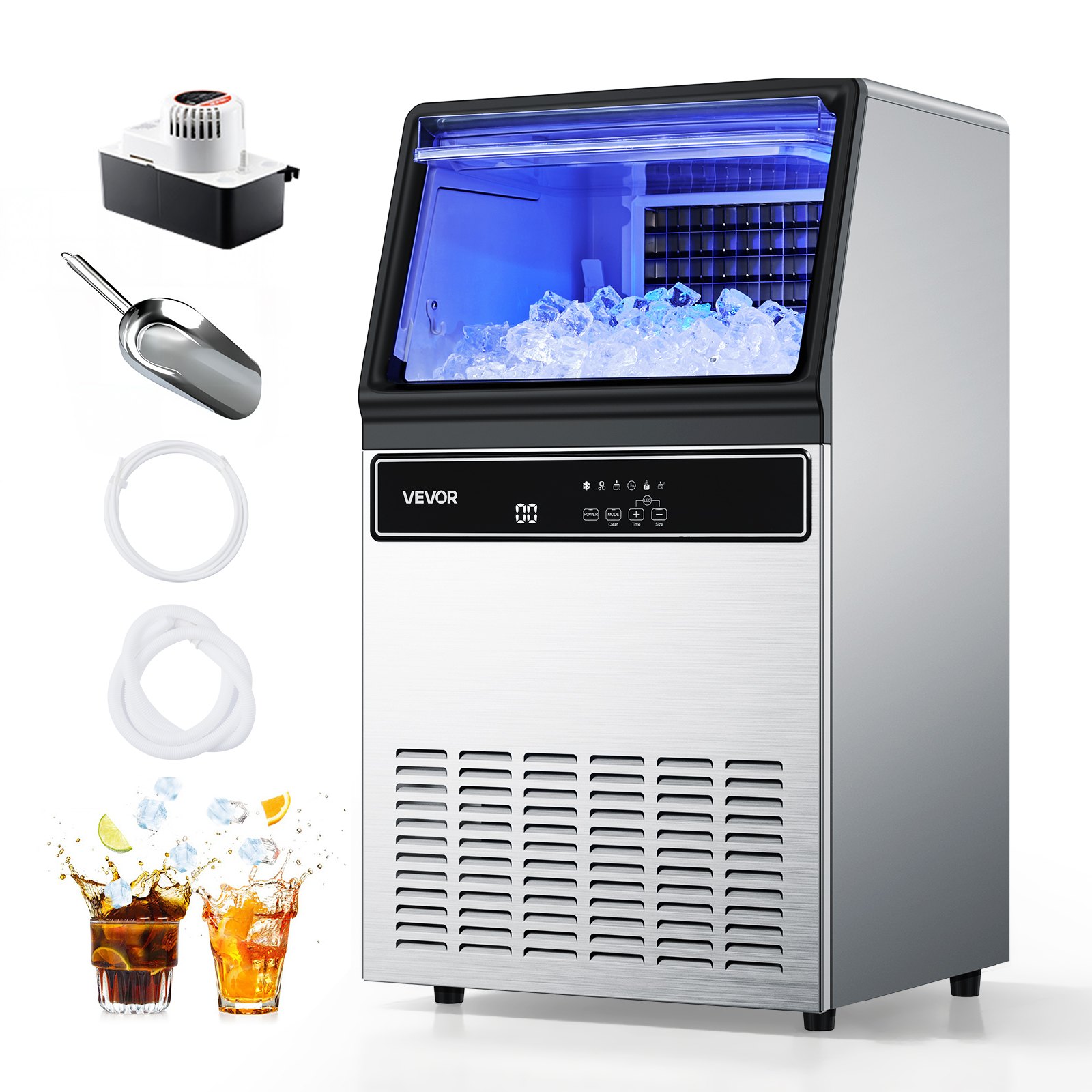 VEVOR Commercial Ice Maker Machine with Pump, 59 KG/24H with 15 KG Storage, 45 Cubes per Cycle, Freestanding & Under Counter Ice Maker with LED Display & Self-Cleaning, for Home Bar Restaurant